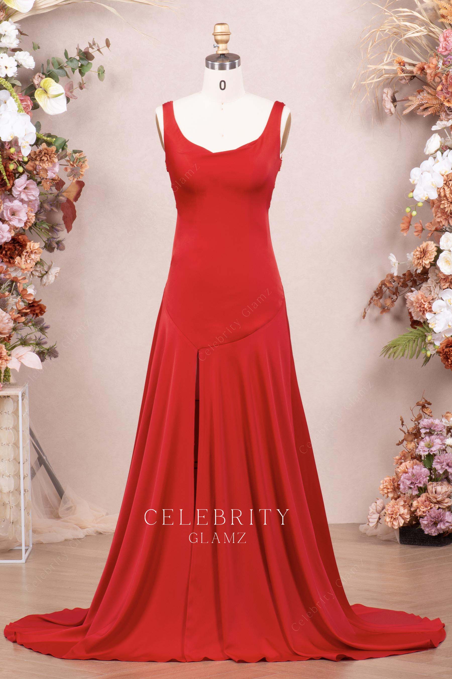 red sleeveless formal dress