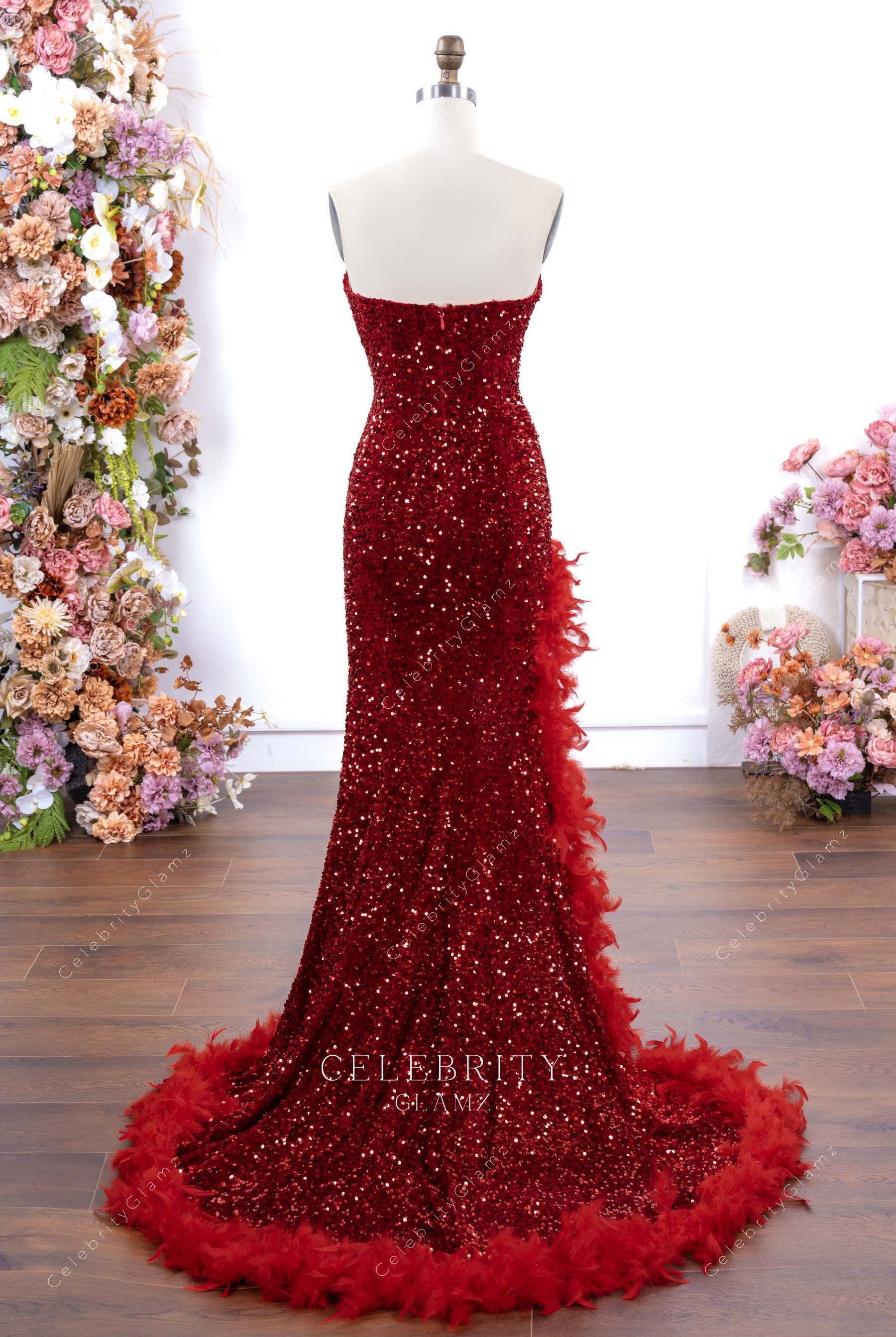 red sparkly sequin court train prom dress