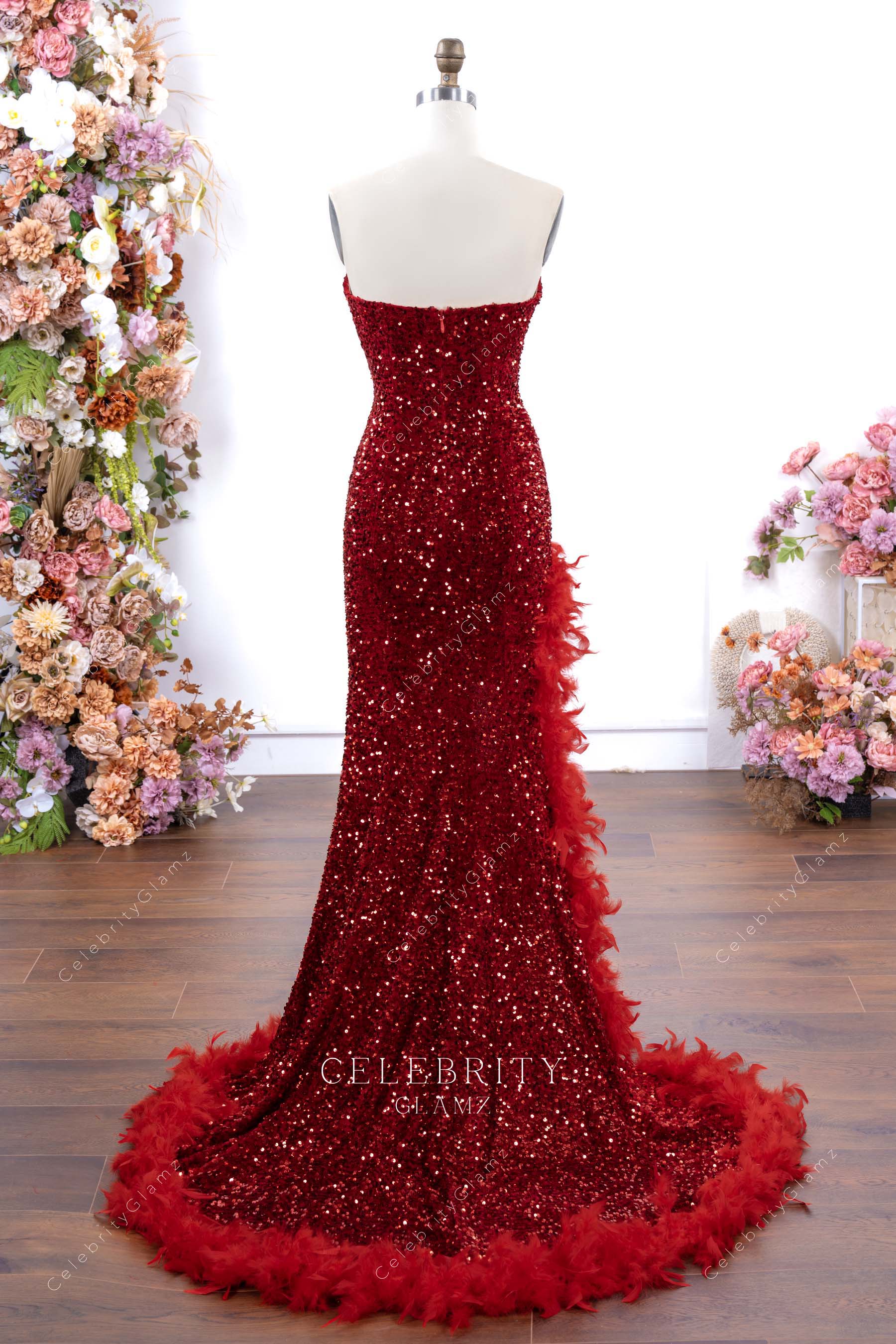 red sparkly sequin court train prom dress
