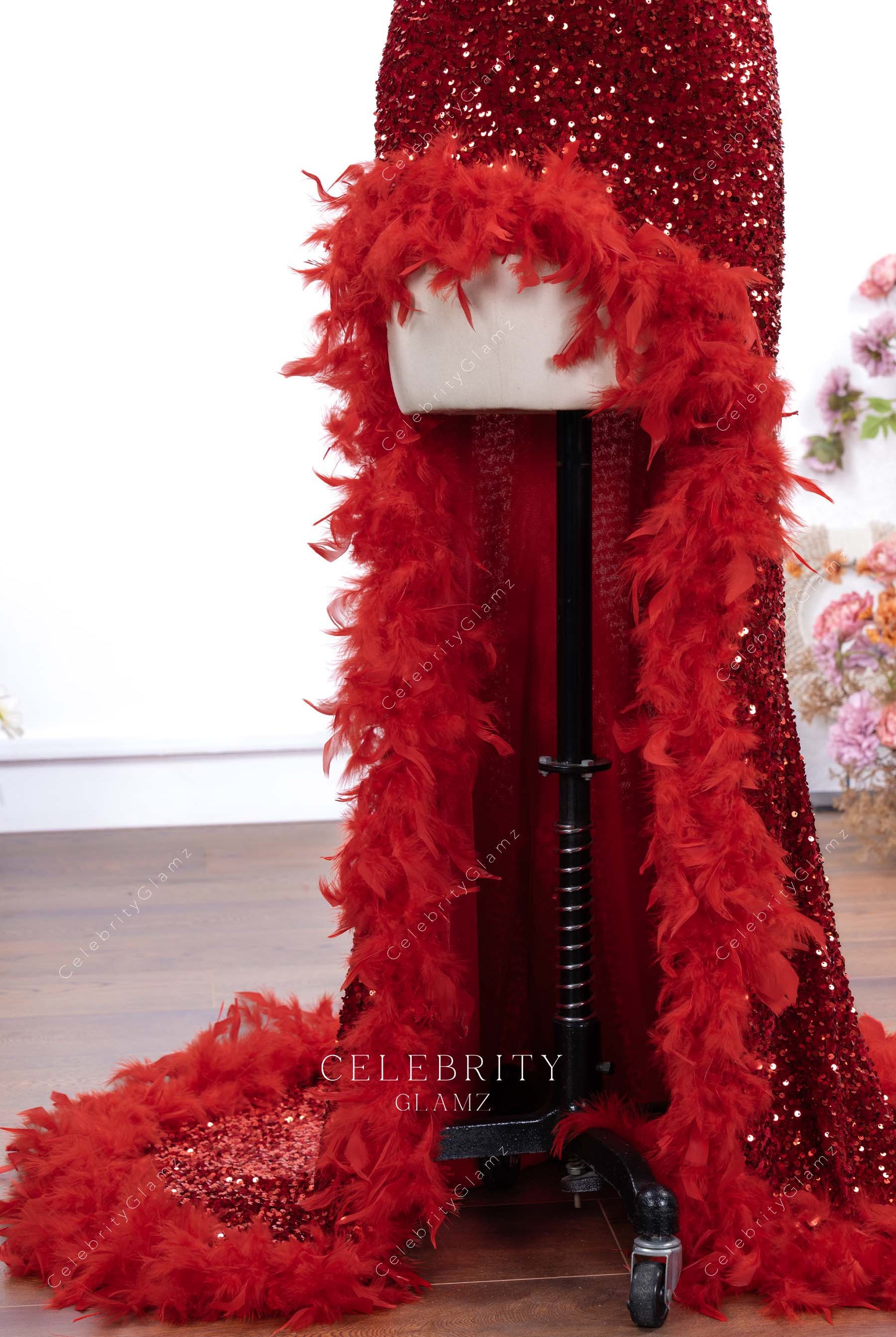 red sparkly sequin fit flare prom dress