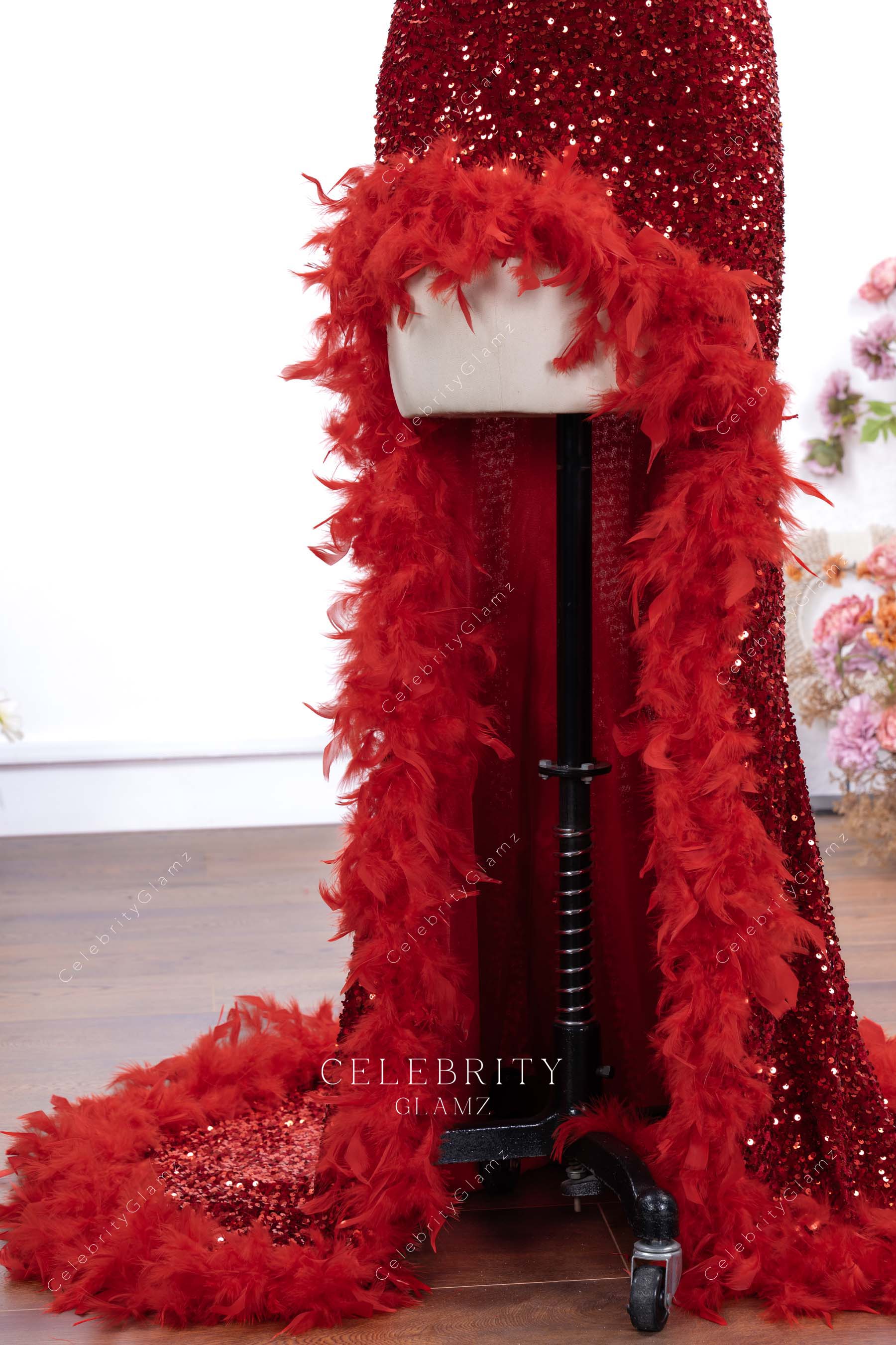 red sparkly sequin fit flare prom dress