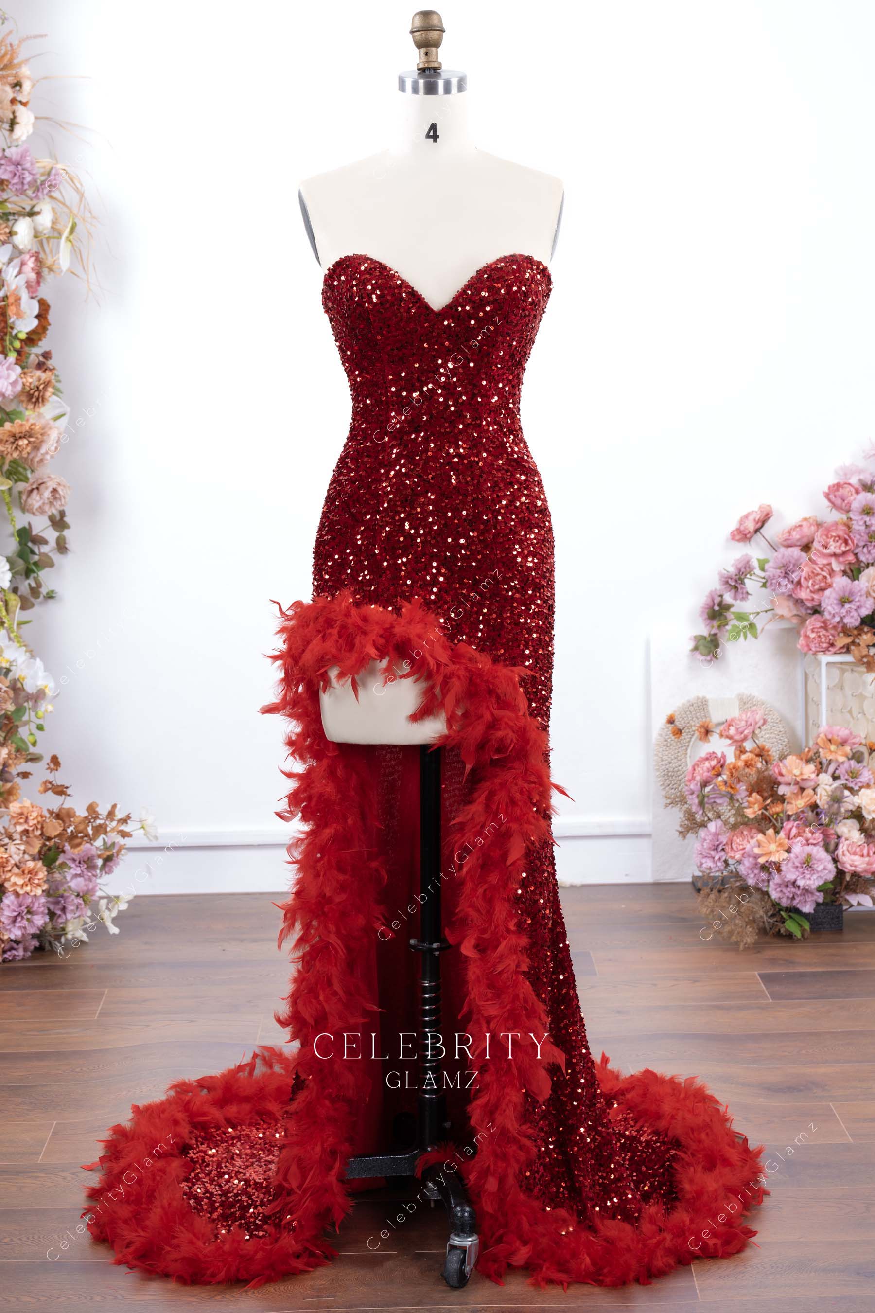 red sparkly sequin high split prom dress