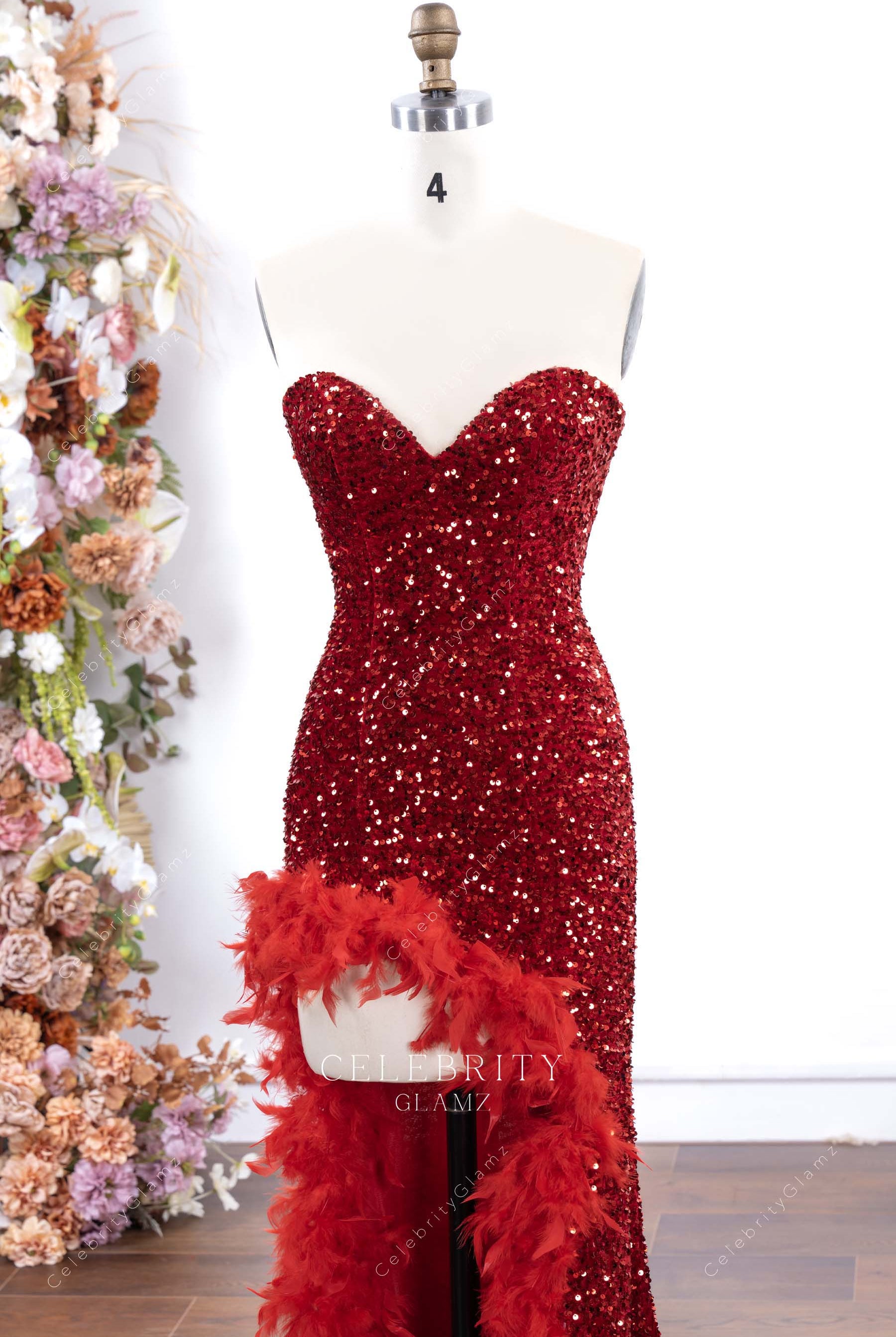 red sparkly sequin sweetheart neck prom dress