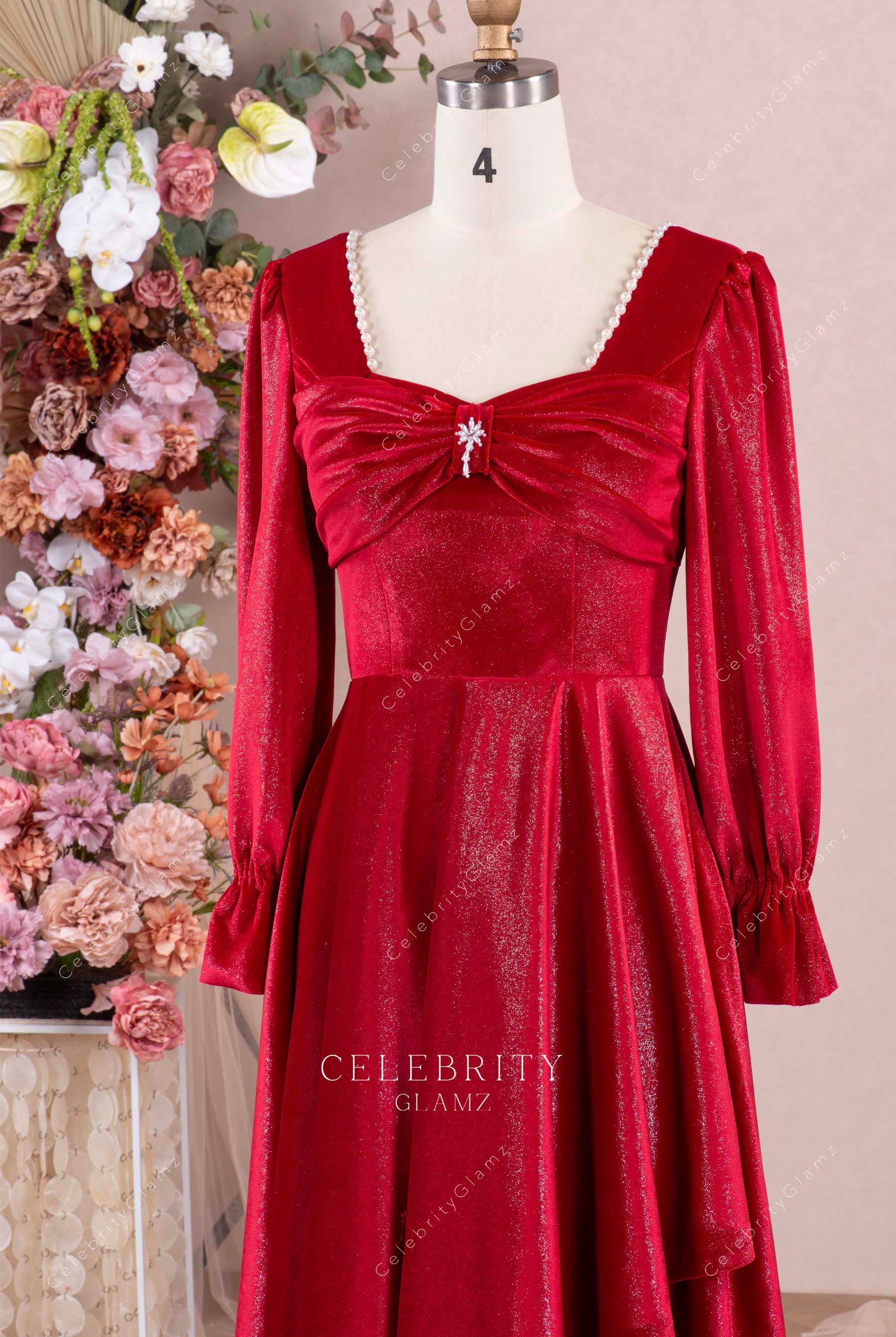 red square neck prom dress