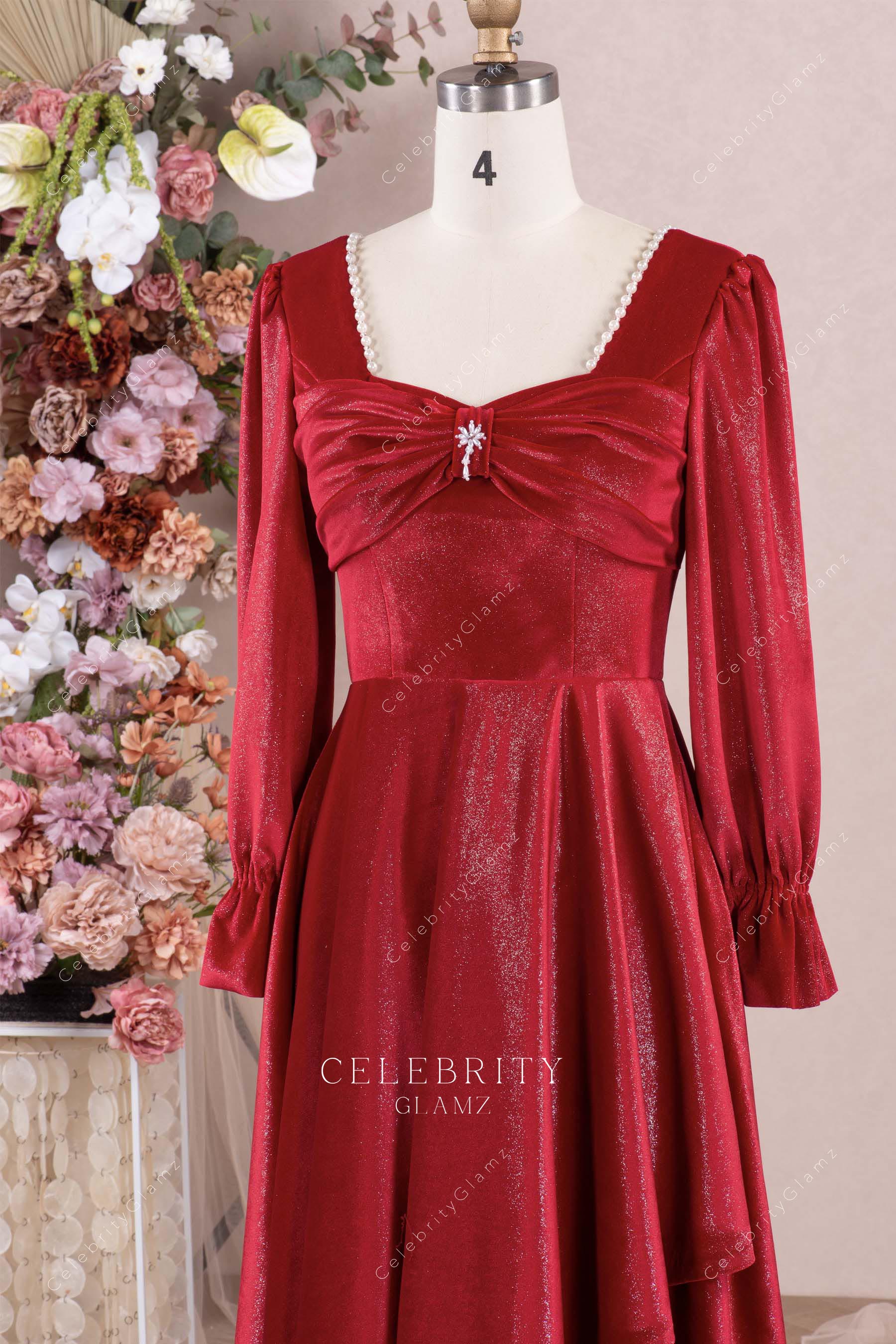 red square neck prom dress