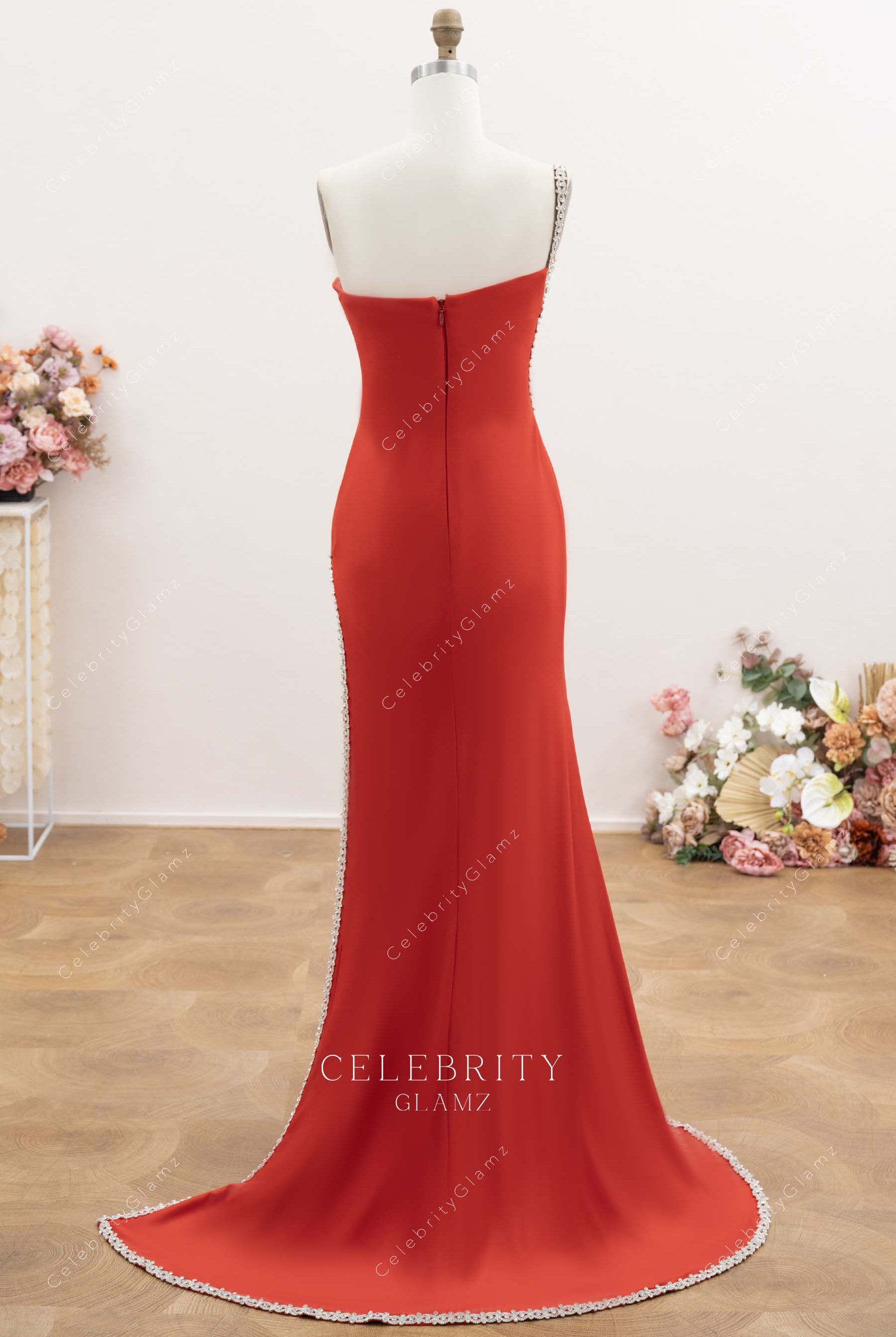 red sweep train prom dress