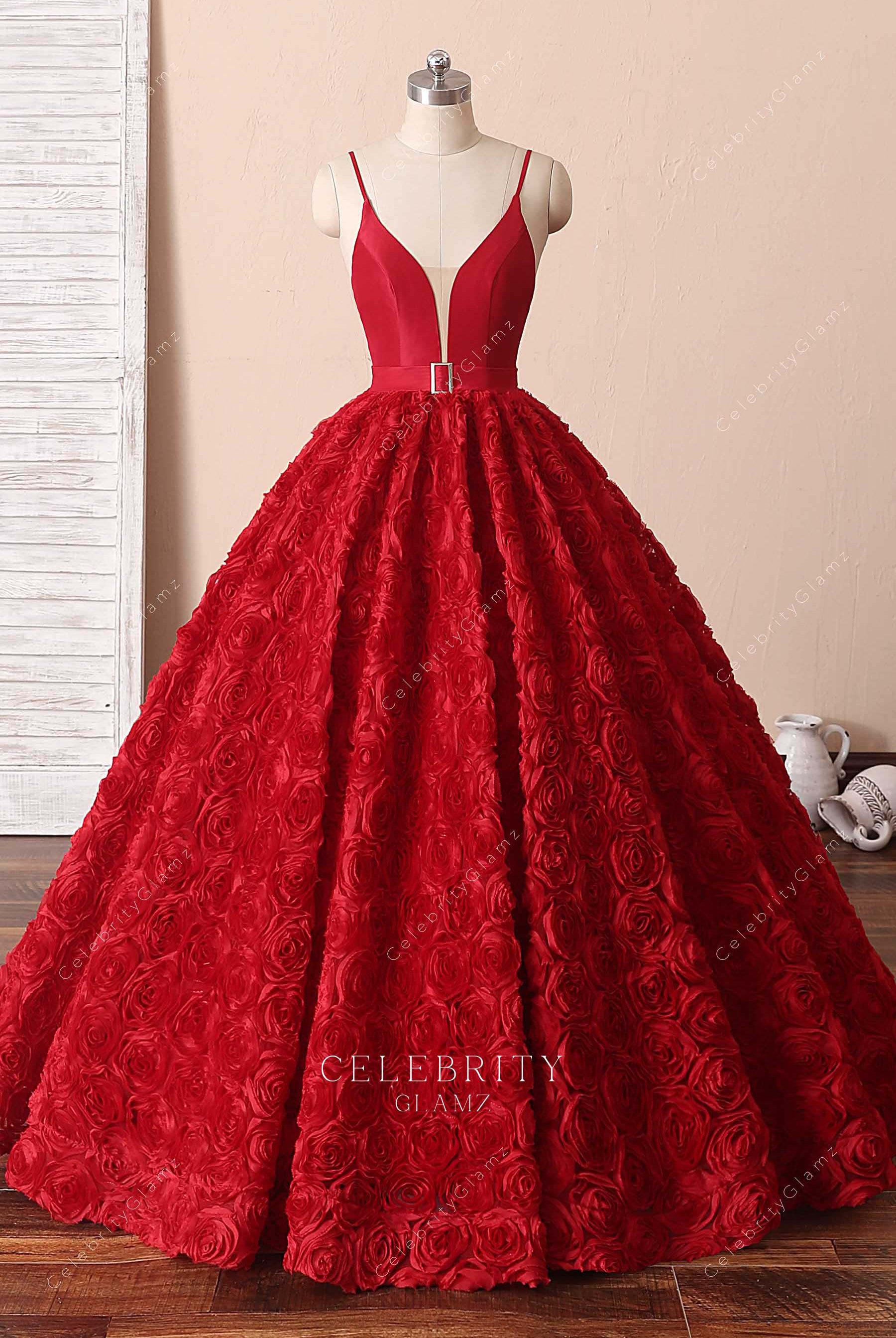 red thin straps Quinceanera ballgown