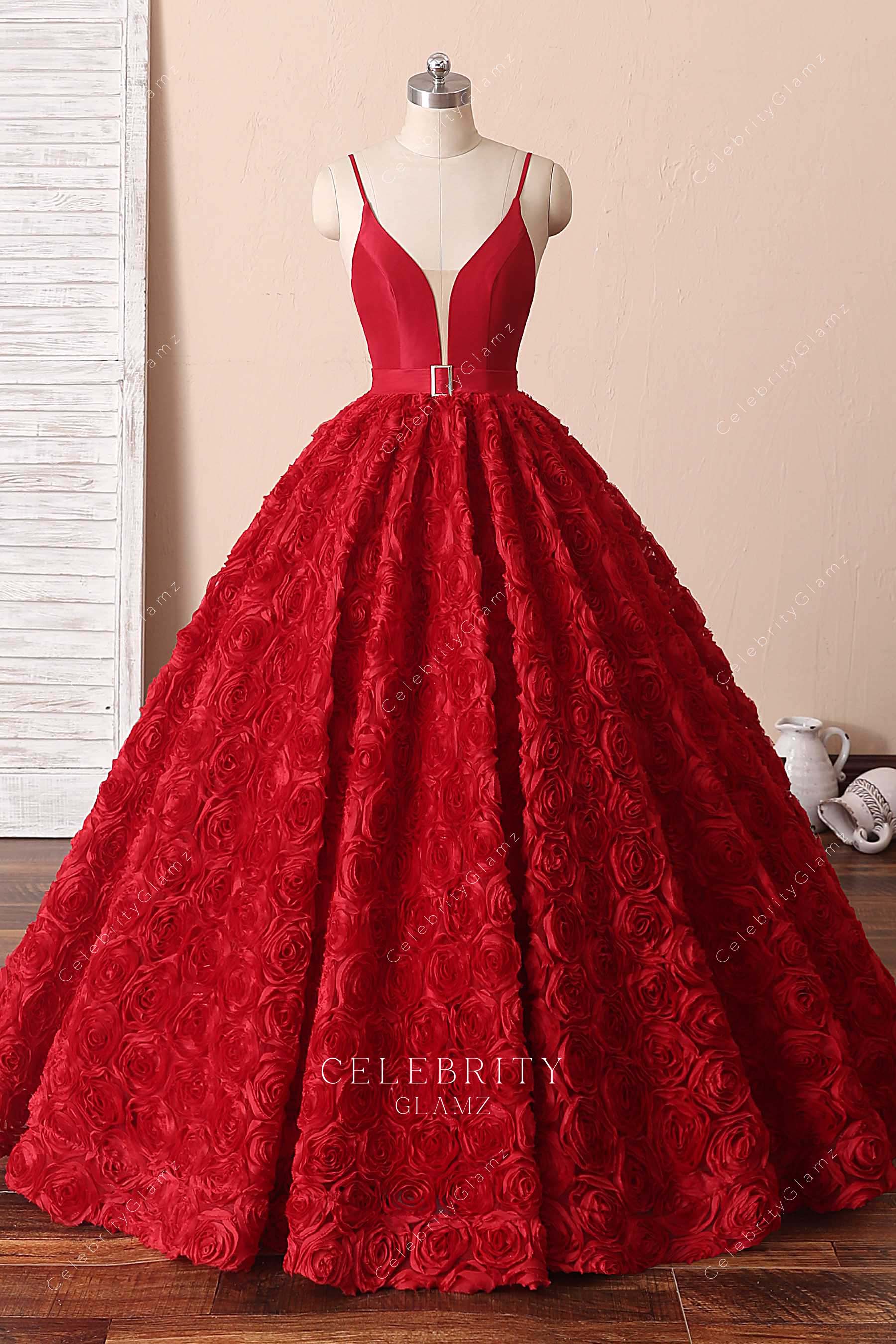 red thin straps Quinceanera ballgown