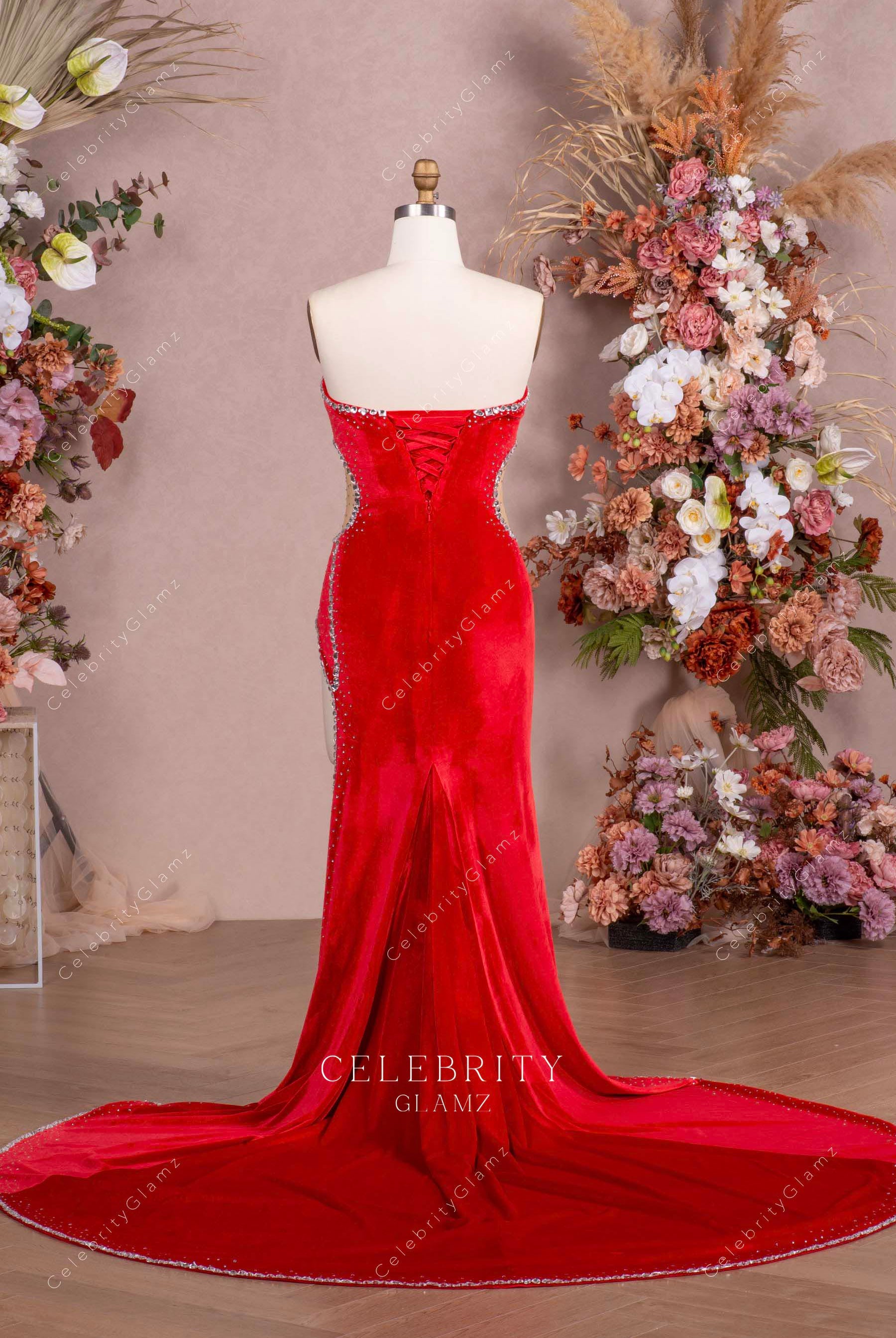 red velvet chapel train prom dress