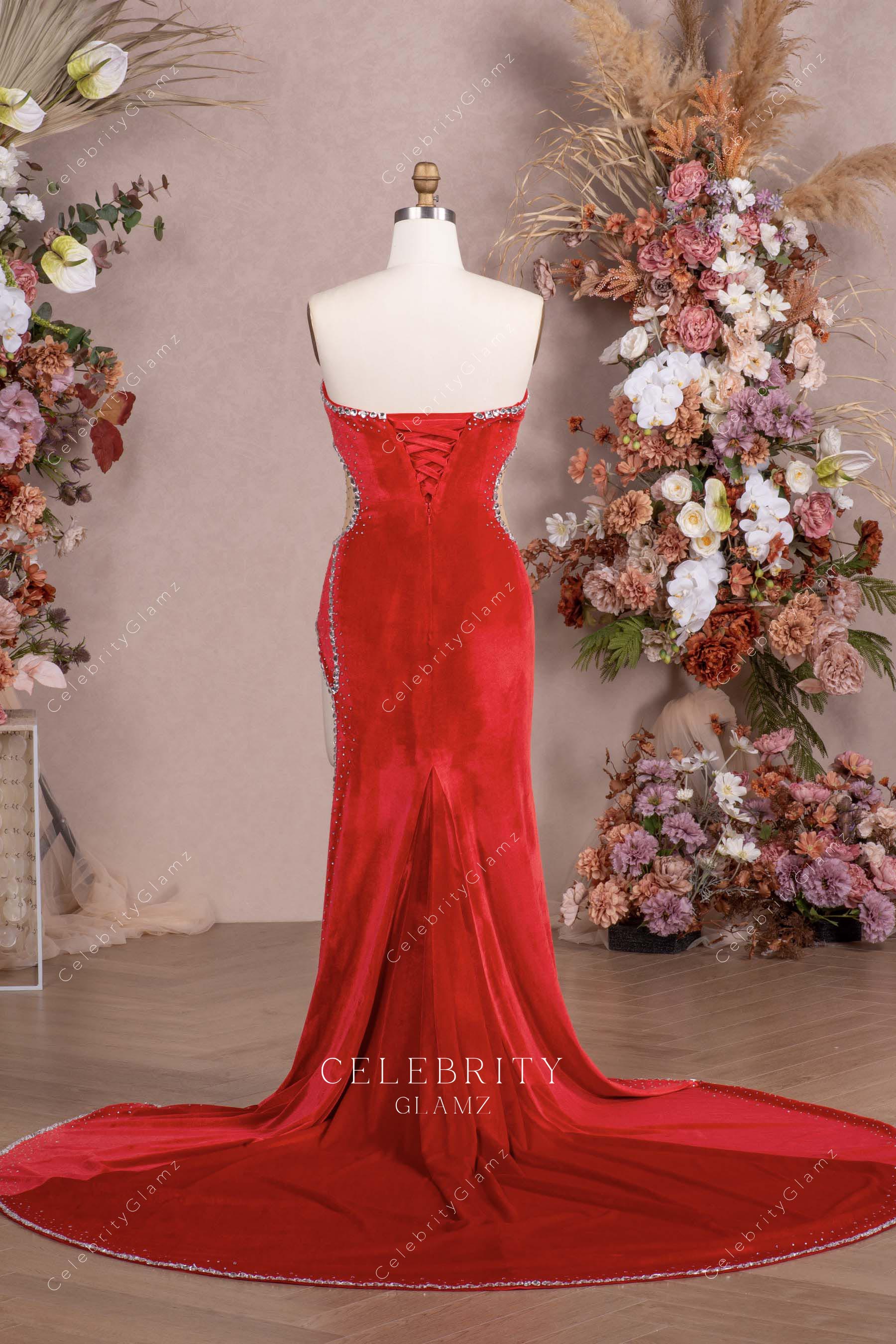 red velvet chapel train prom dress