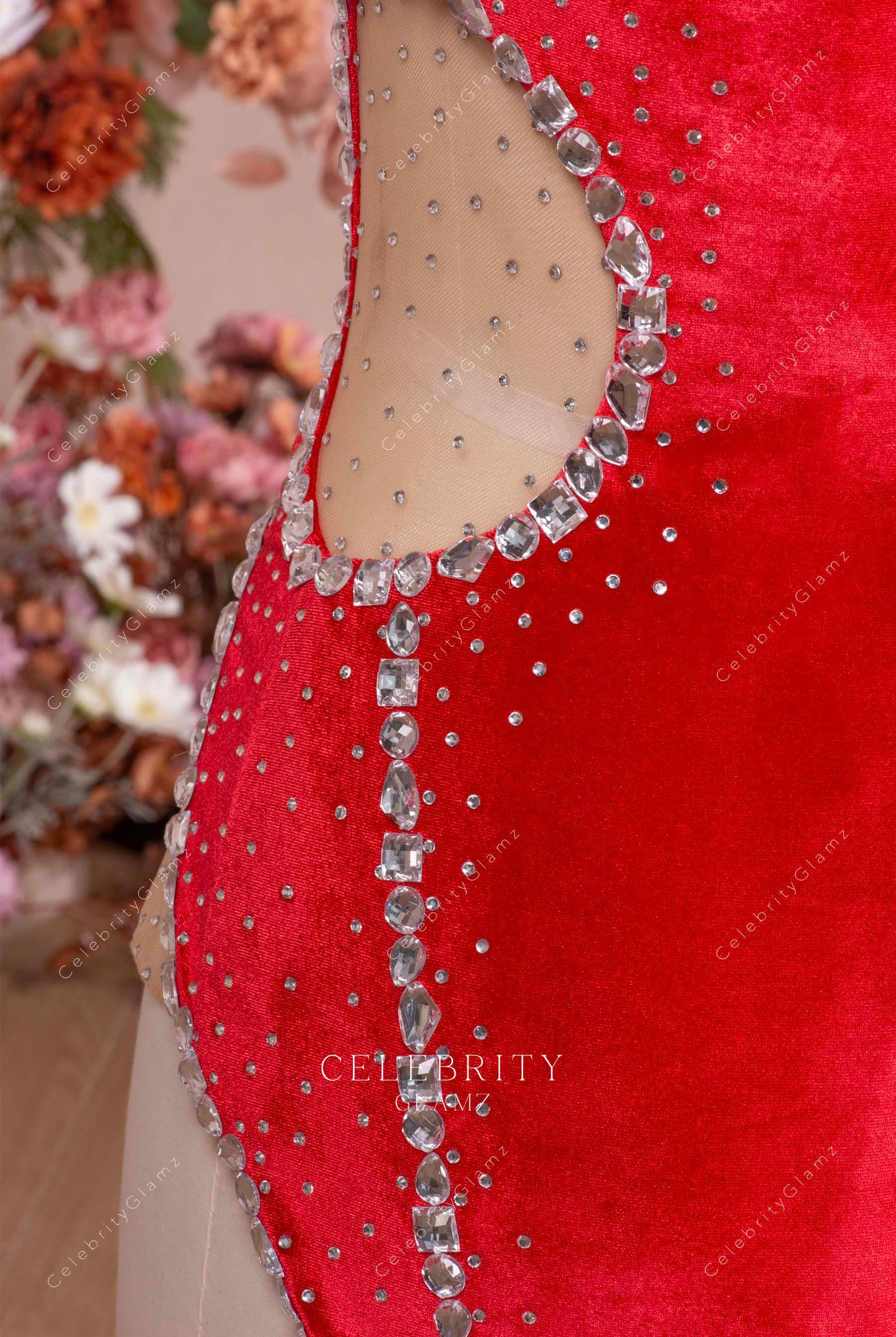 red velvet illusion cutout prom dress