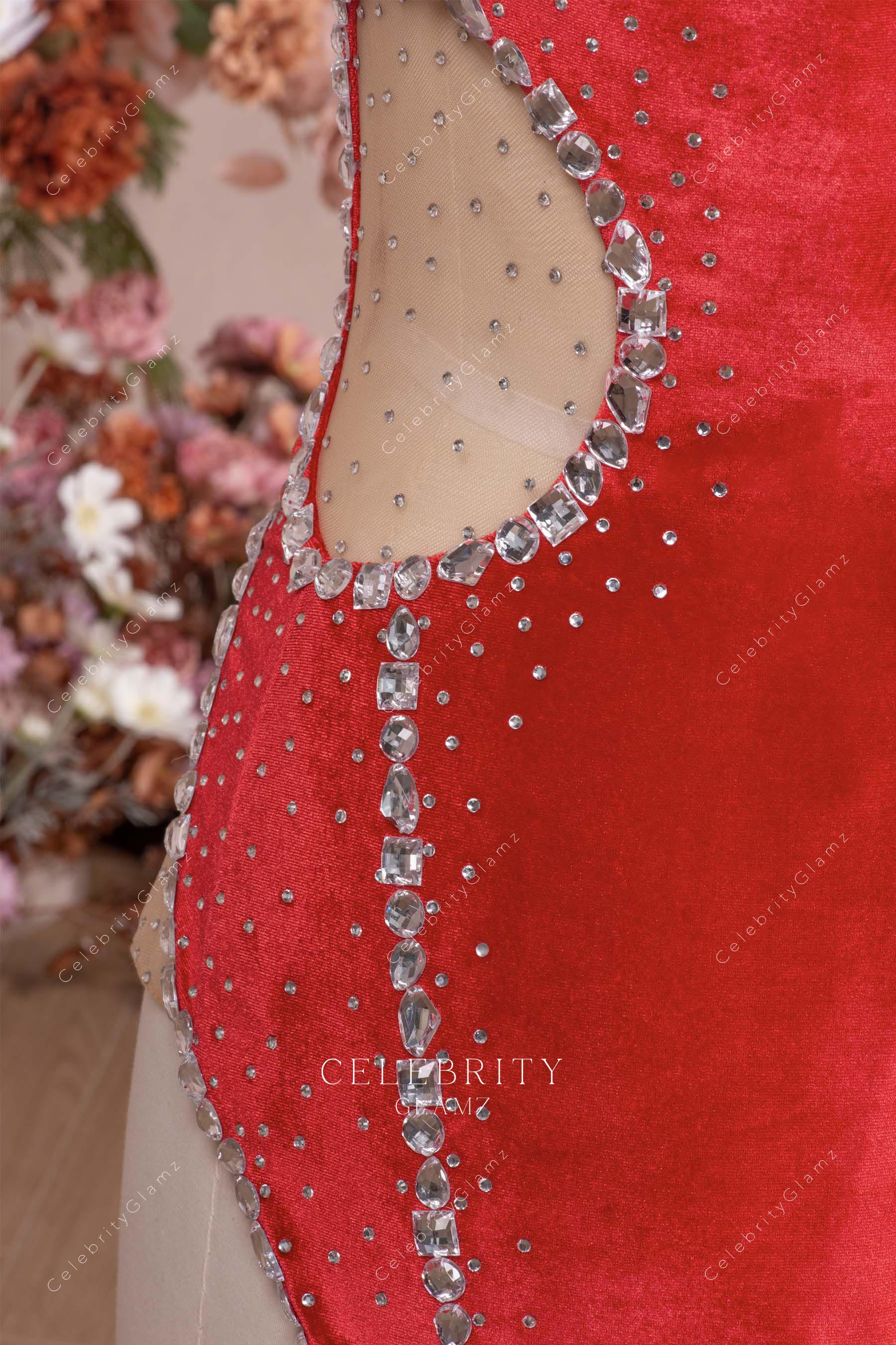 red velvet illusion cutout prom dress