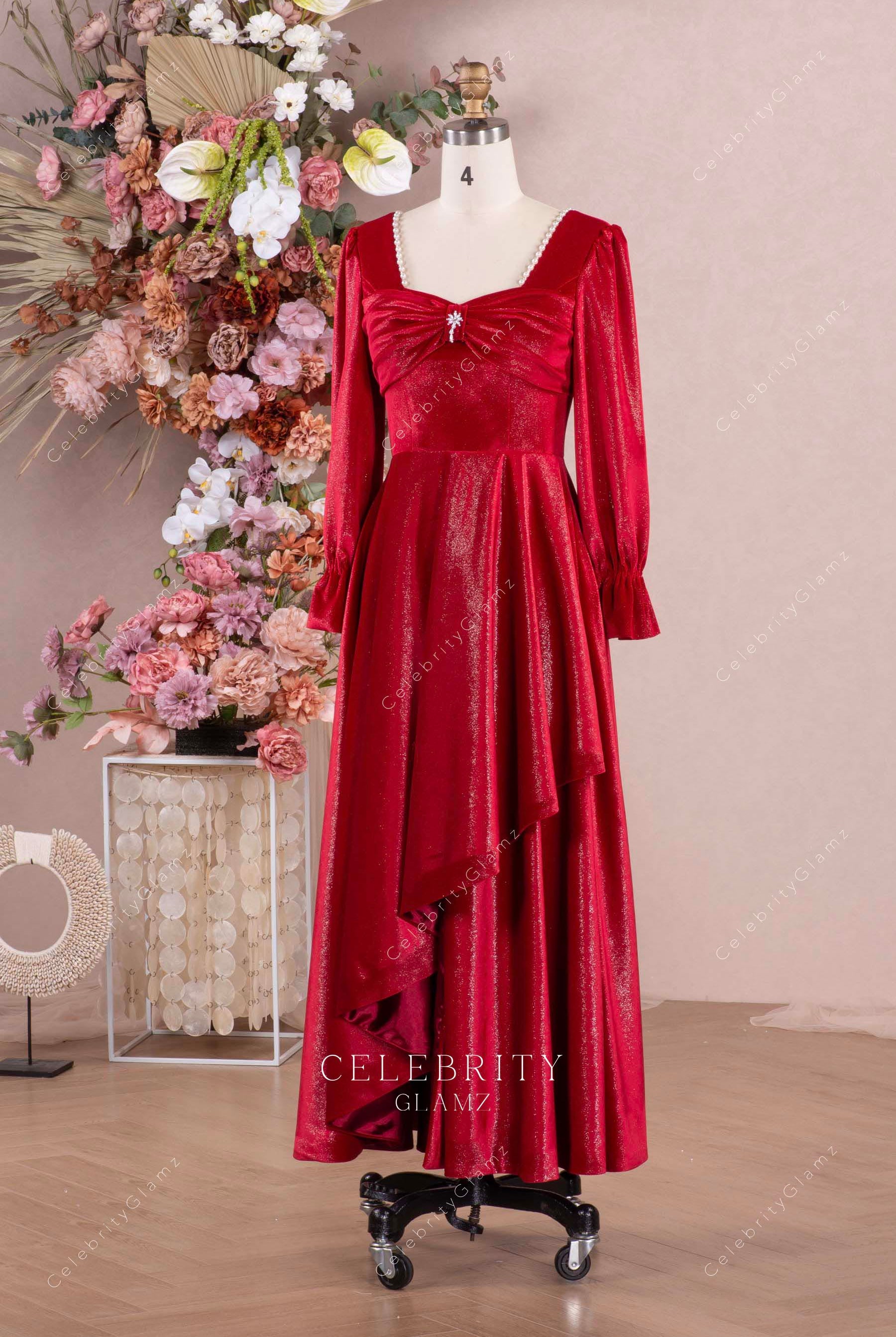 red velvet long sleeves prom dress