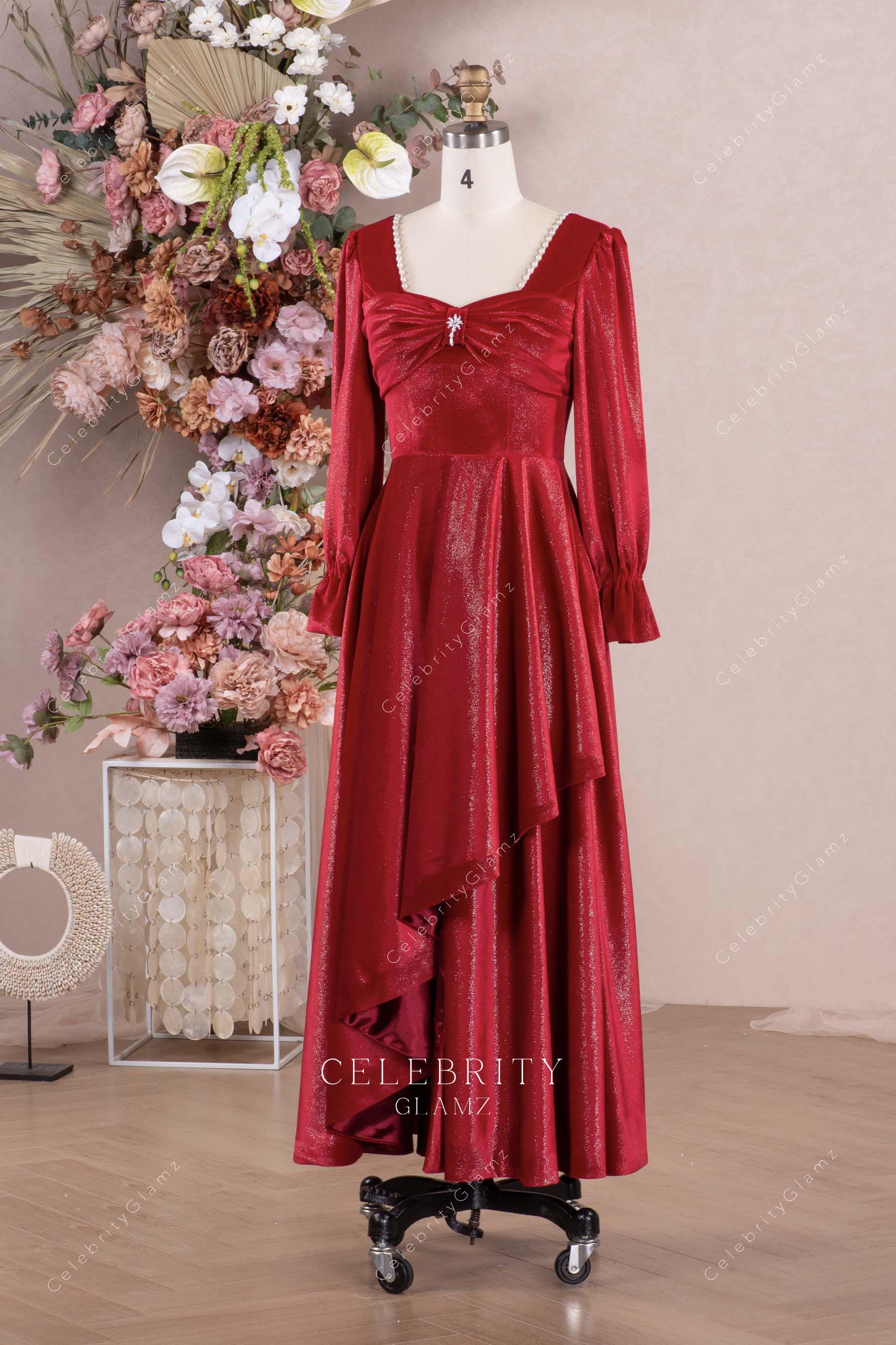 red velvet long sleeves prom dress