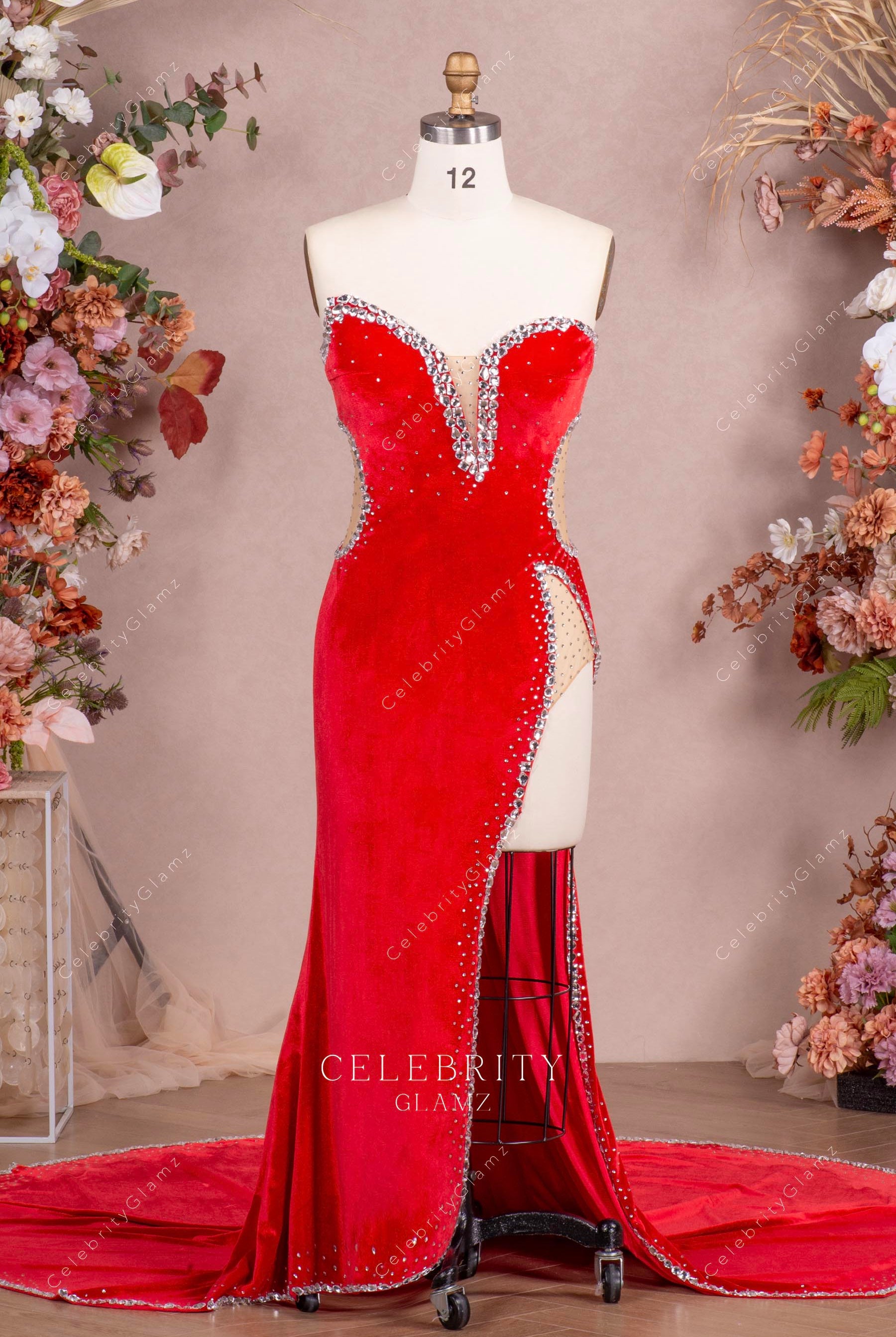 red velvet strapless prom dress