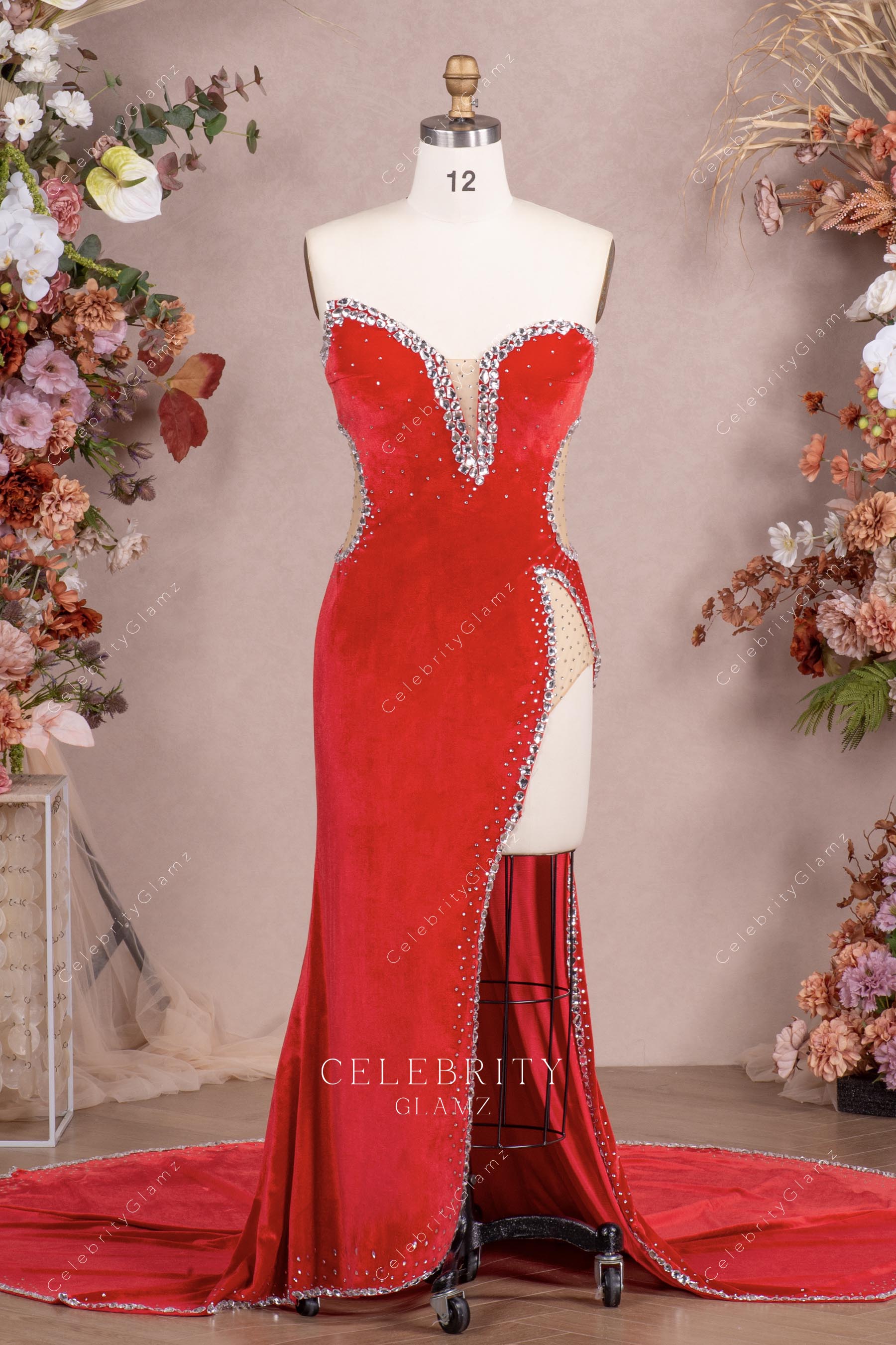 red velvet strapless prom dress