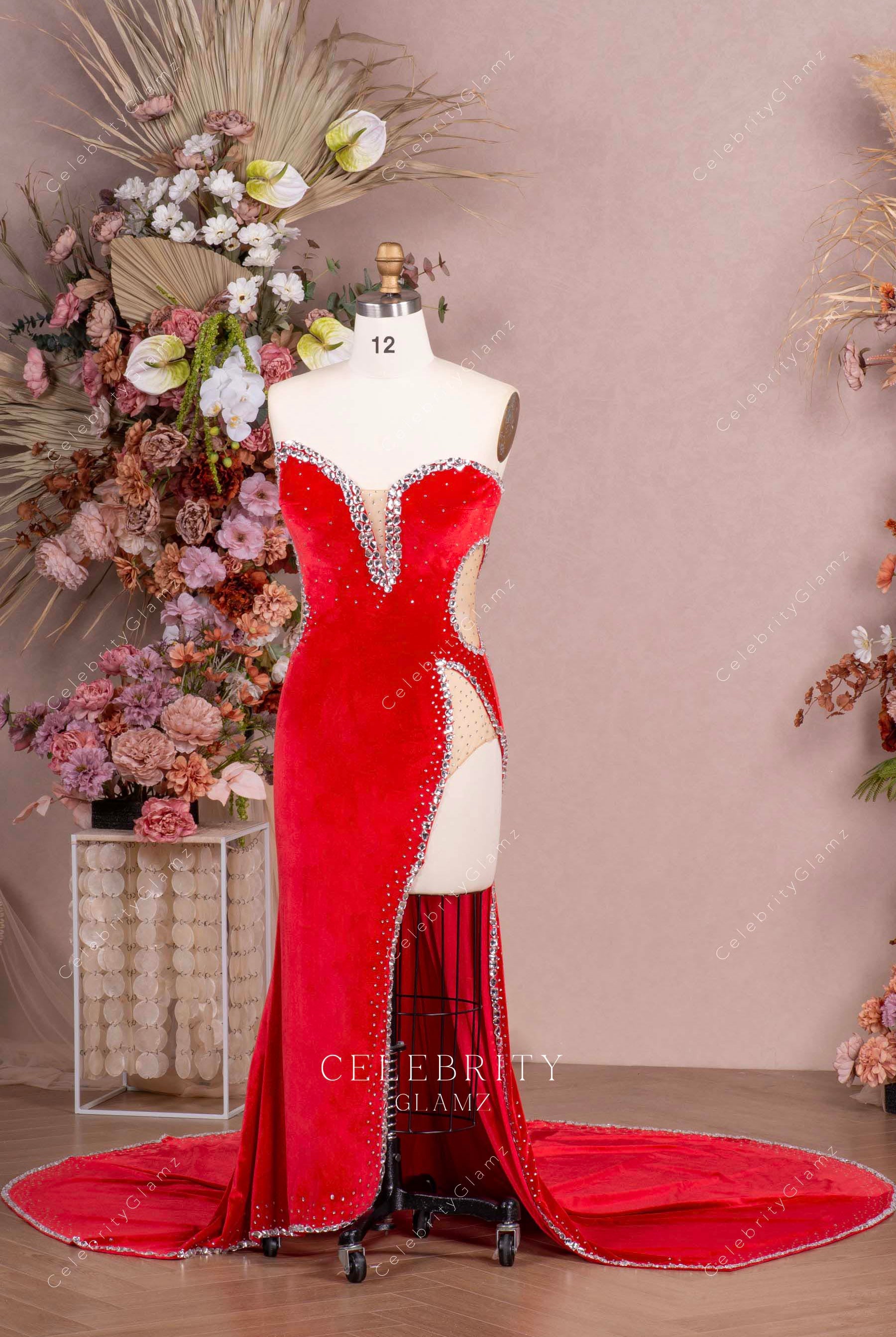 red velvet thigh slit prom dress