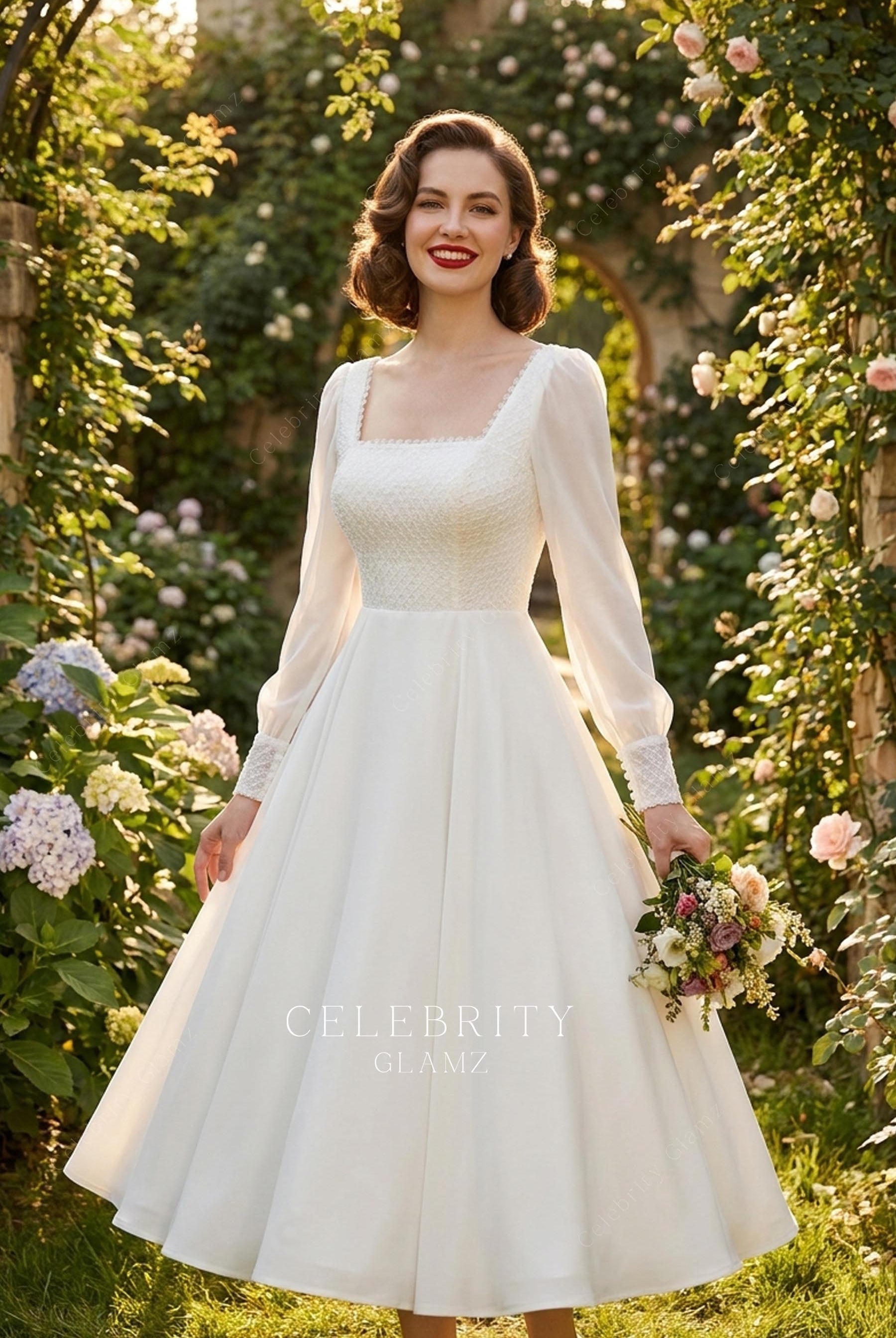 retro square neck a line wedding dress