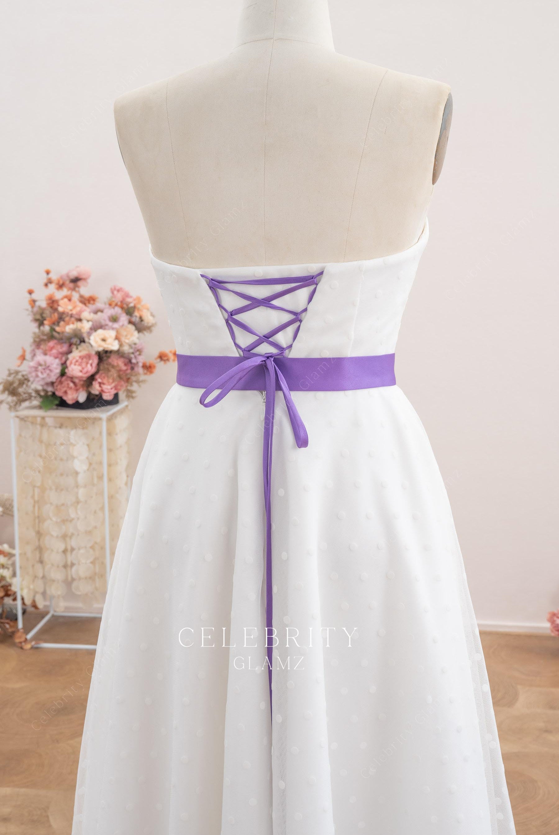 retro strapless lace up back bridal dress