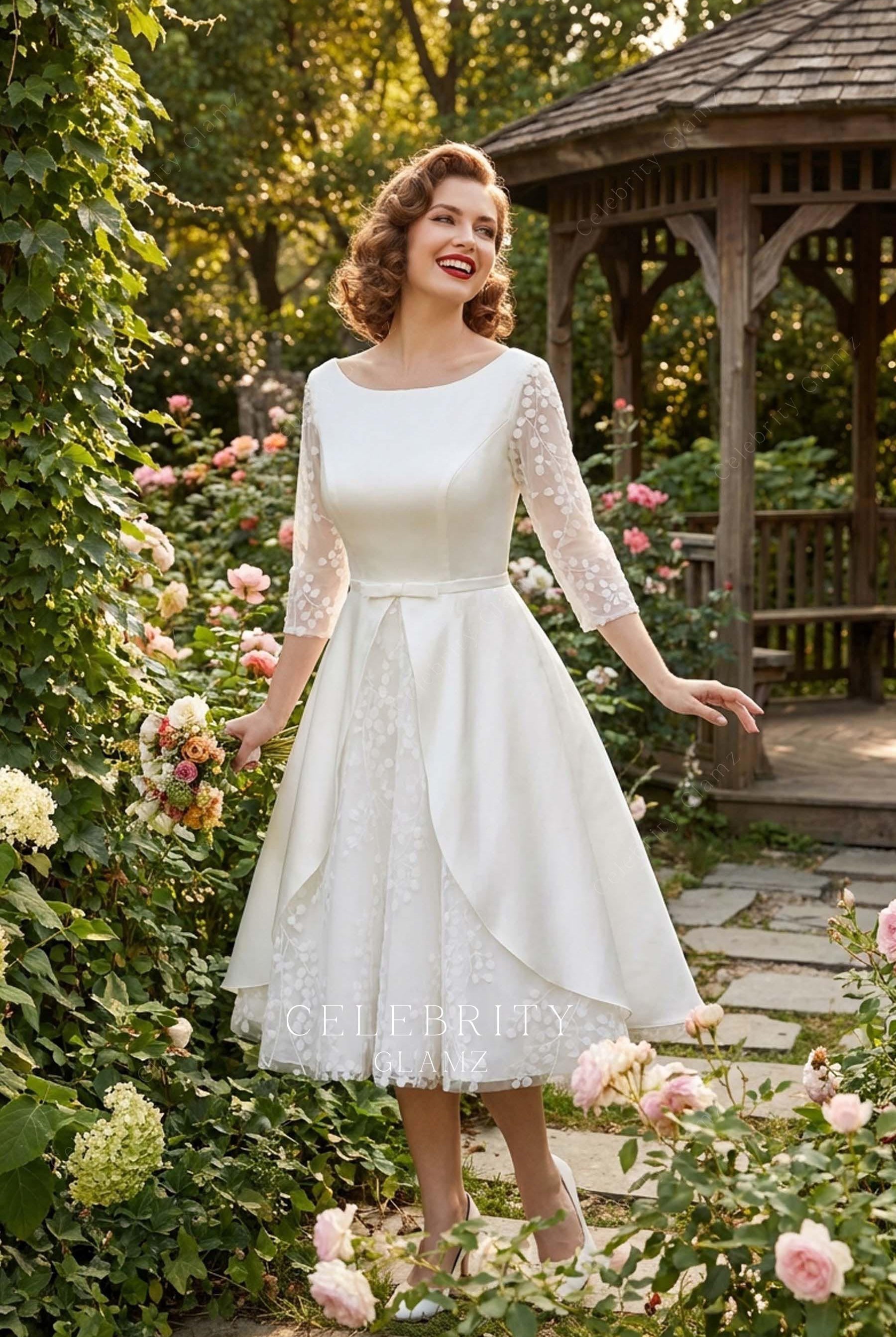 retro tea length bowknot wedding dress