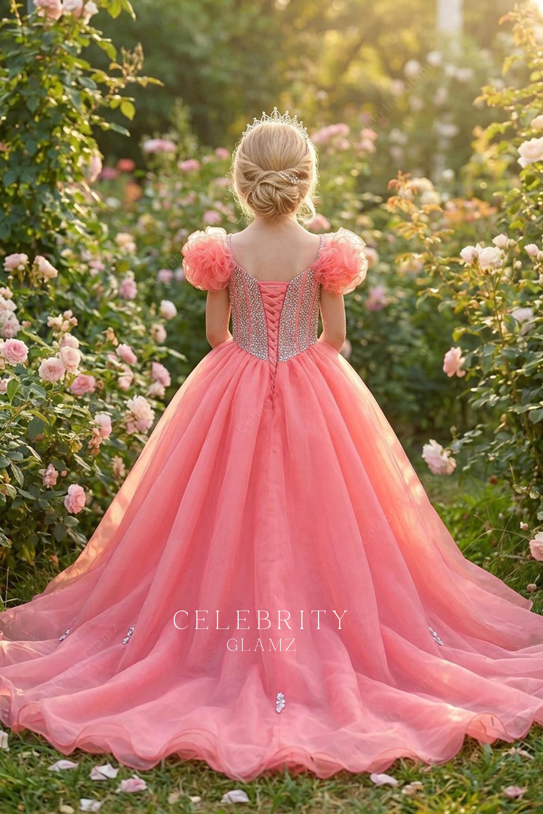 rhinestone flamingo organza a line pageant gown