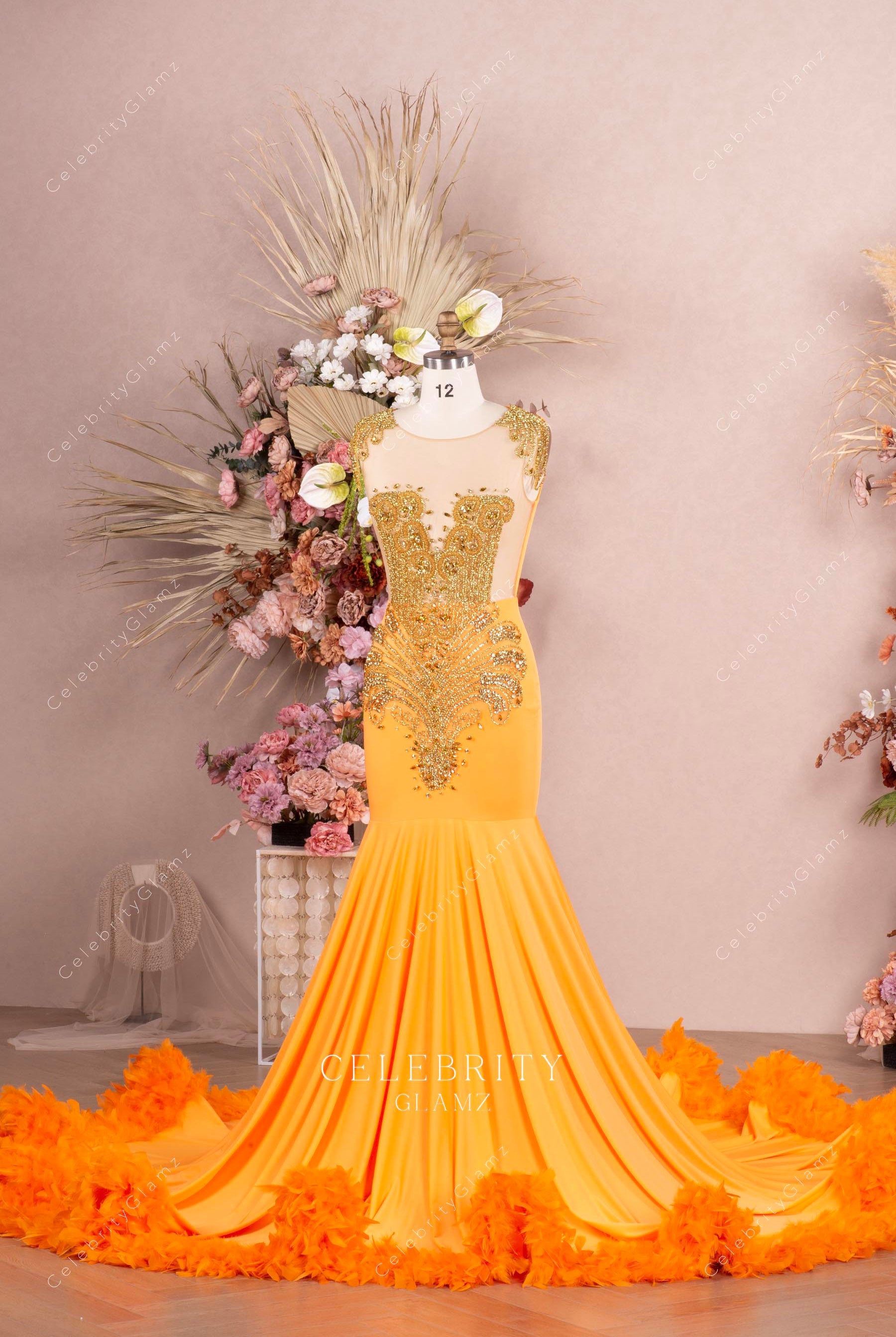 rhinestone illusion neck trumpet prom dress