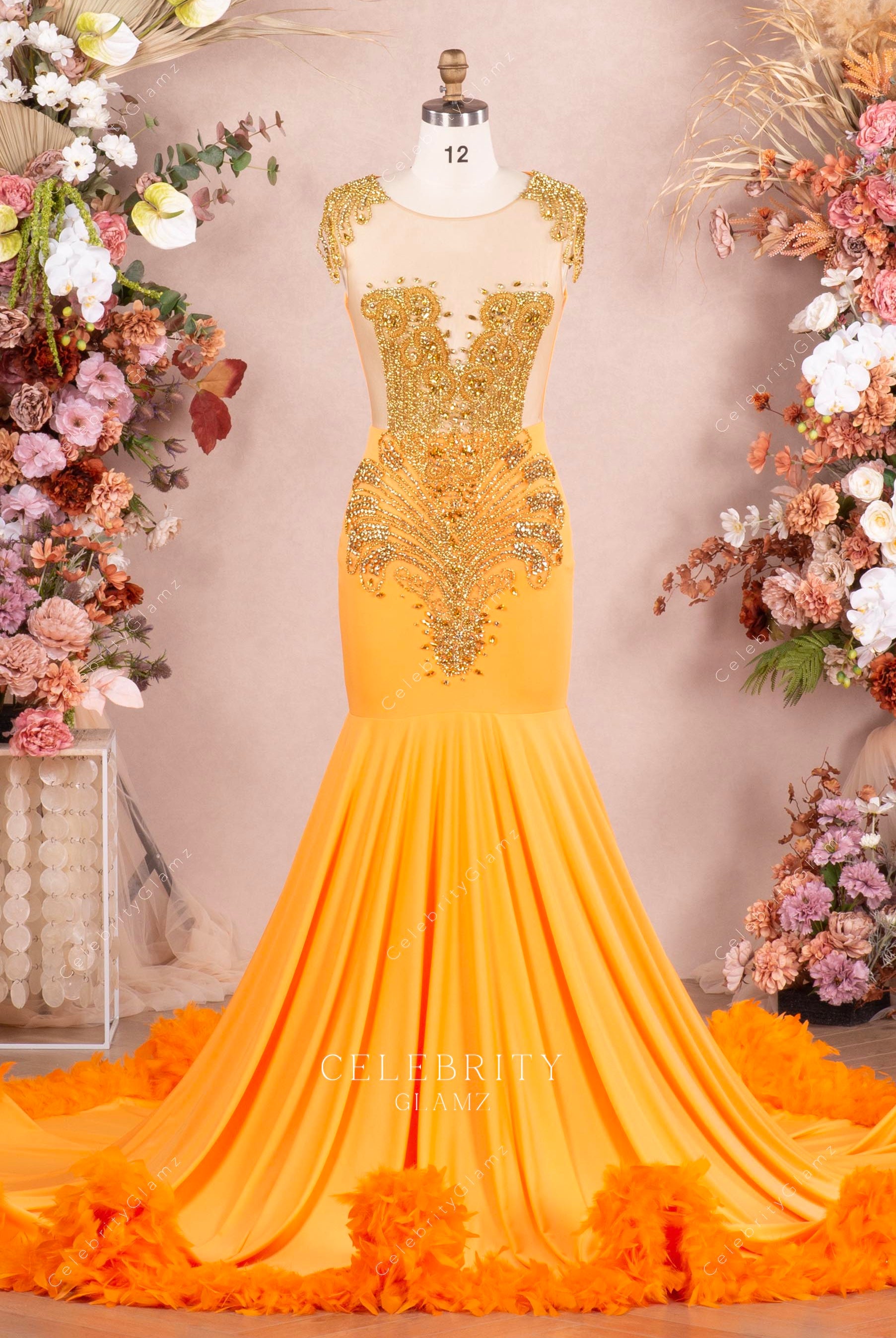 rhinestone orange trumpet prom dress