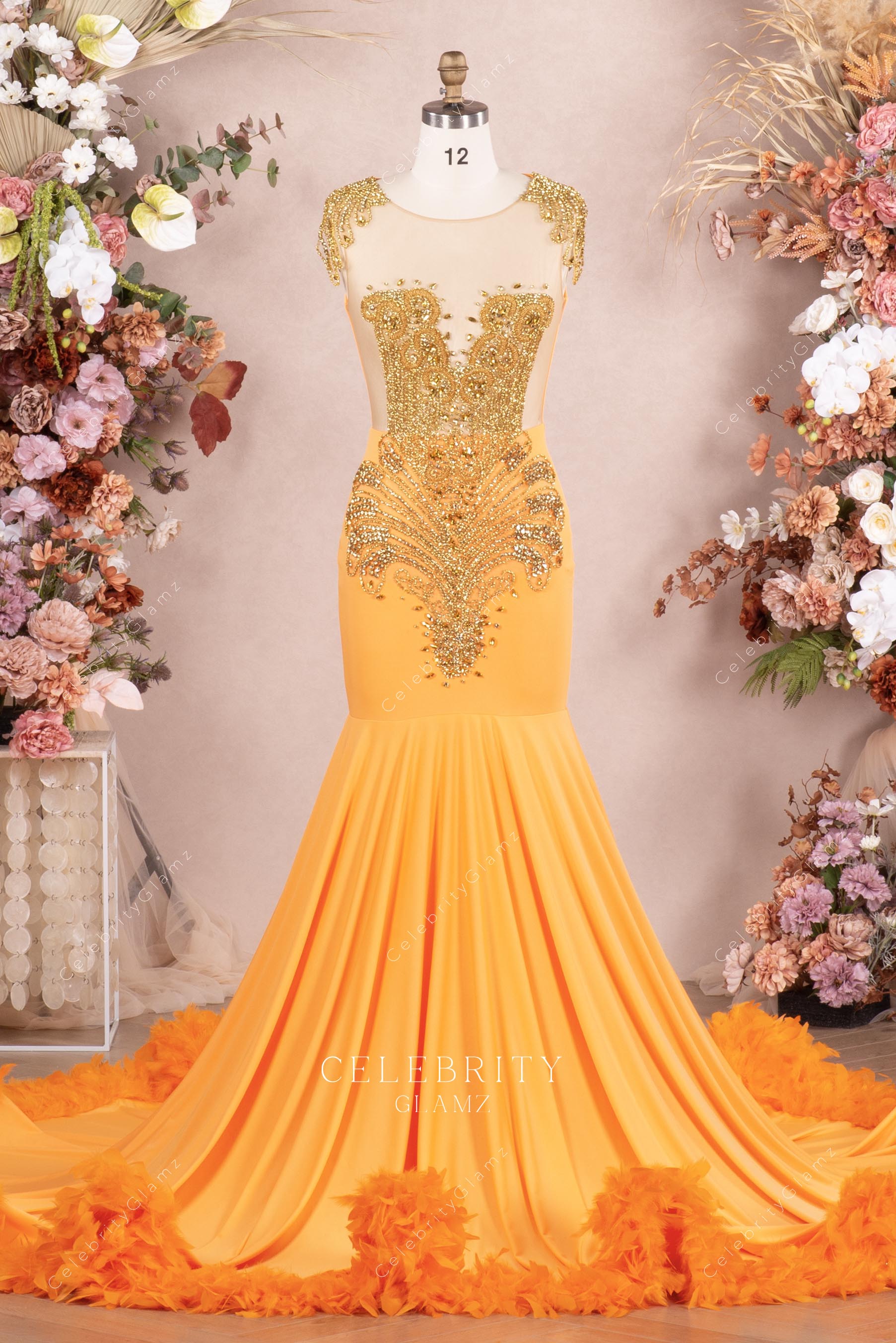 rhinestone orange trumpet prom dress
