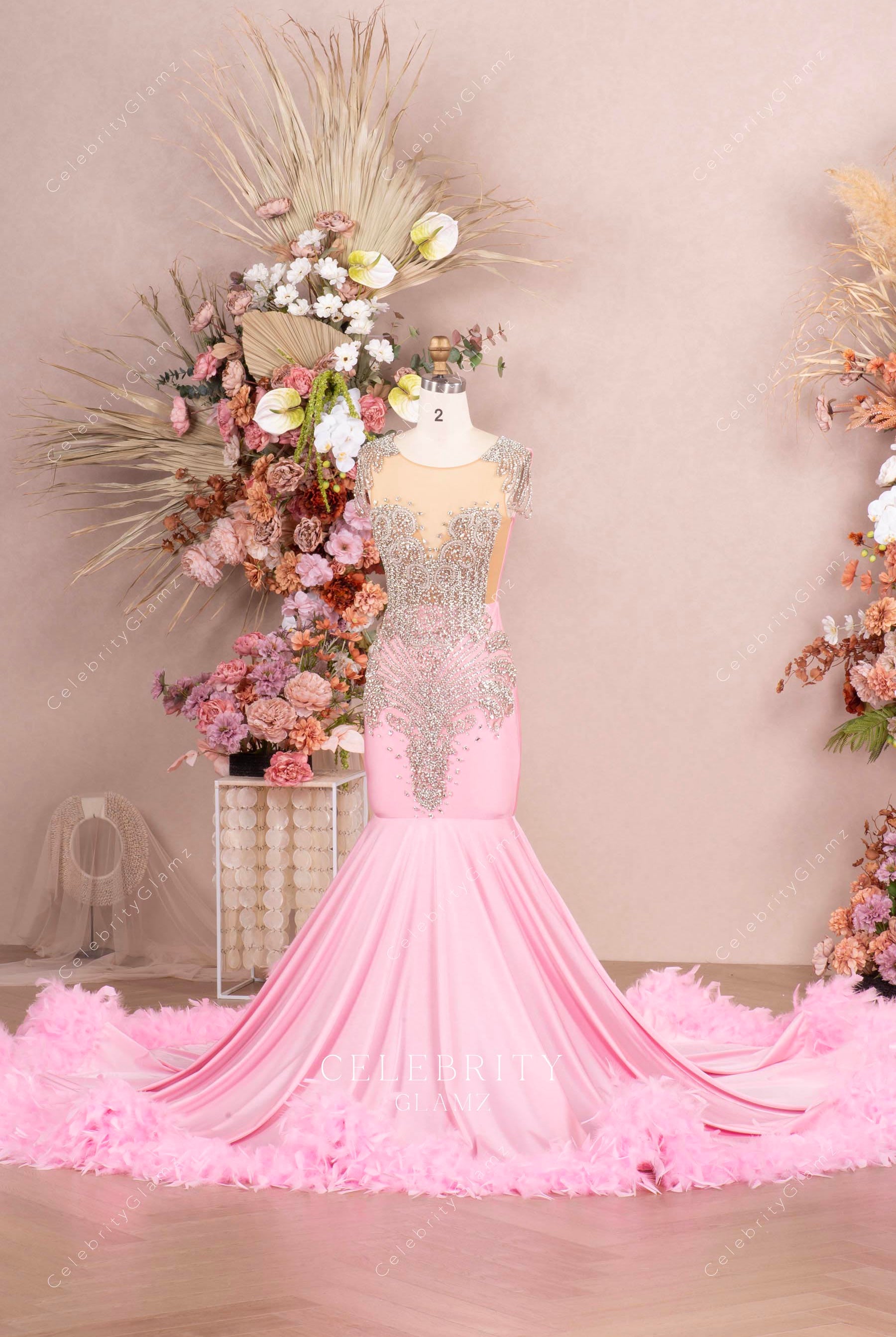 rhinestone pink feather mermaid prom dress