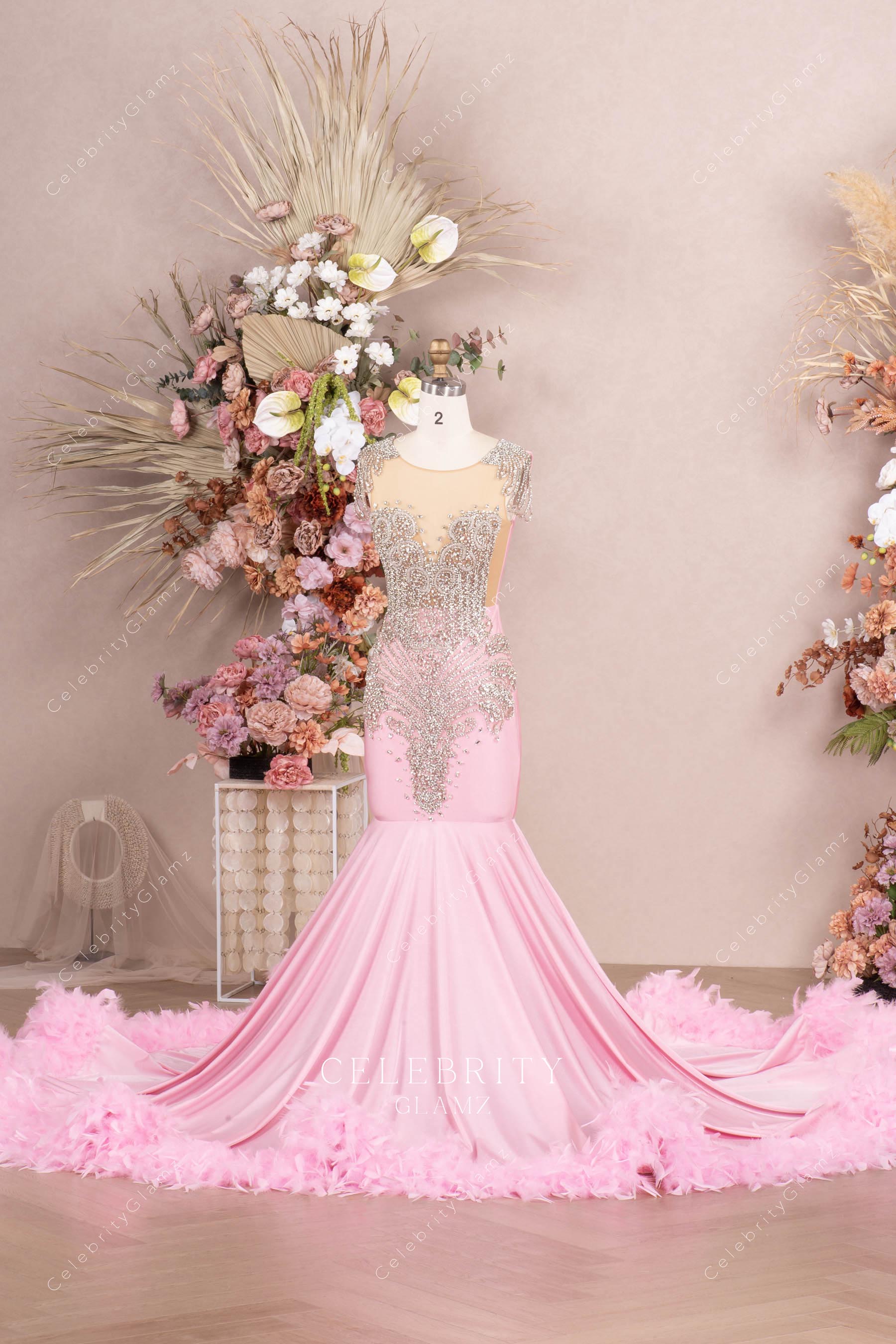 rhinestone pink feather mermaid prom dress