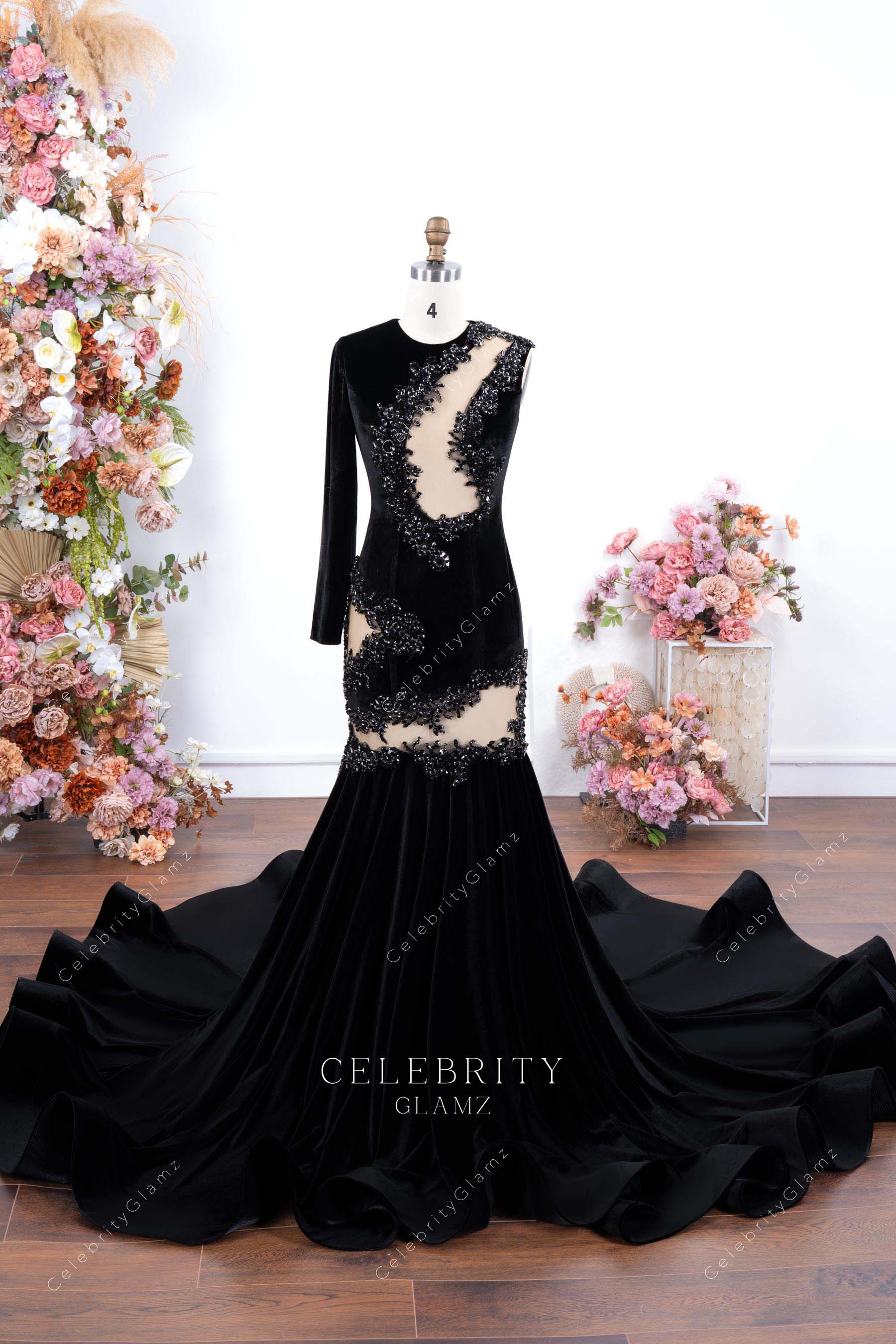 rhinestones black velvet prom dress