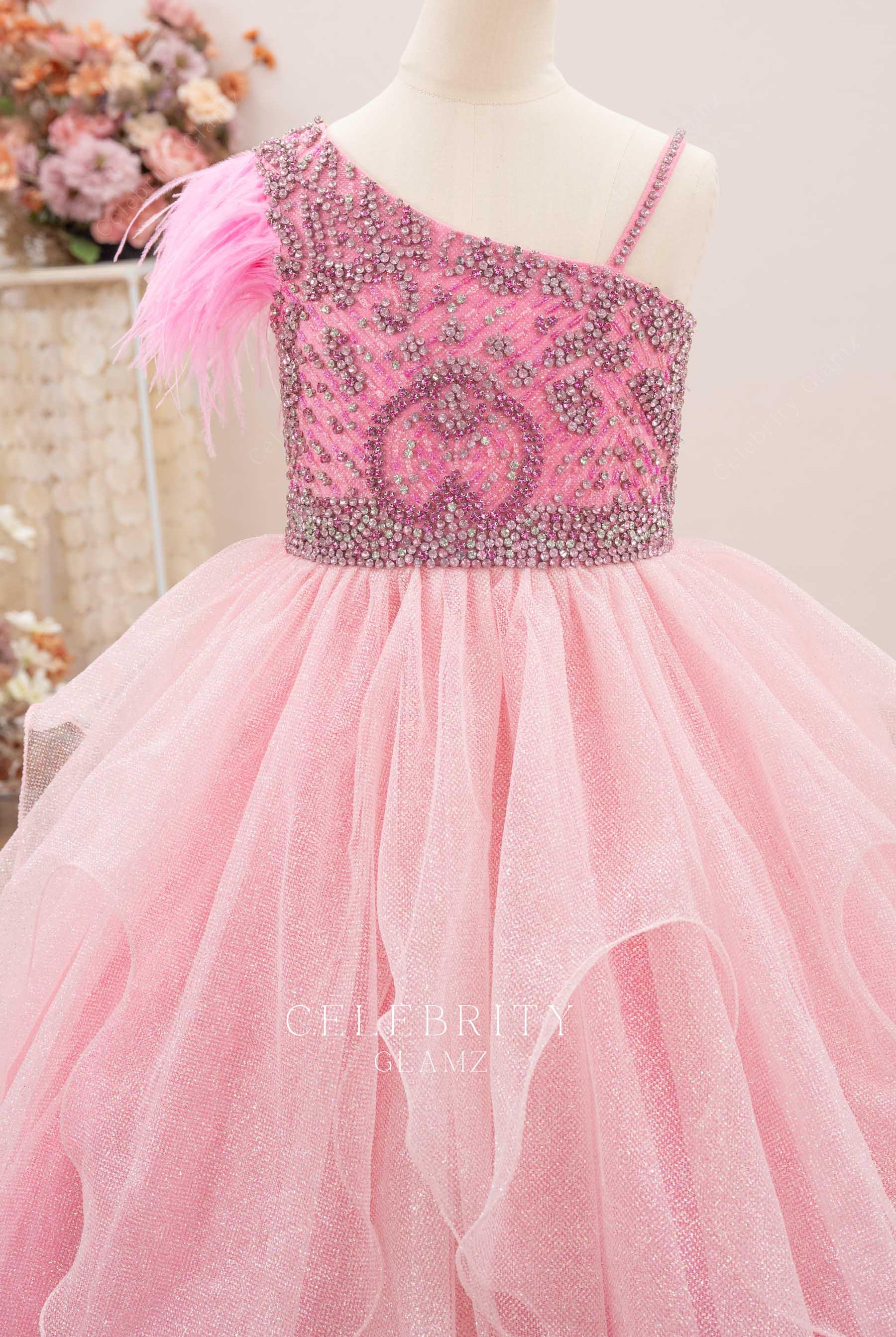 rhinestones bodice pink pageant dress
