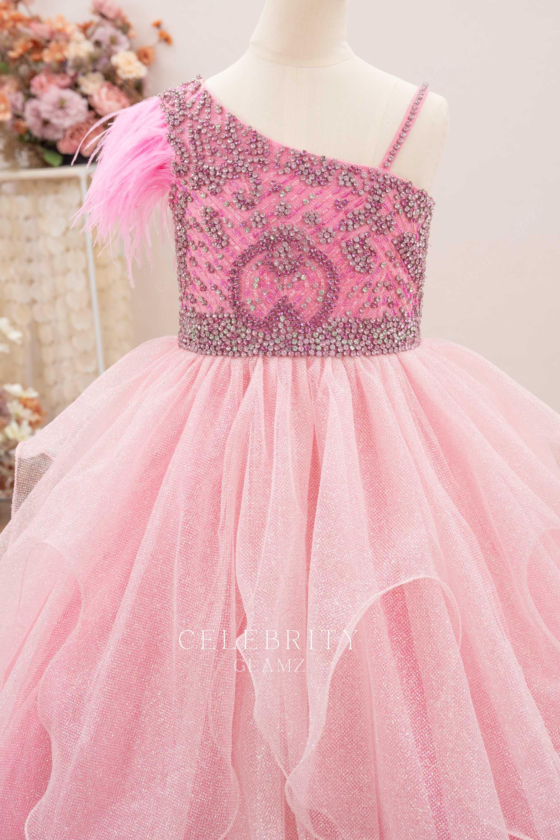 rhinestones bodice pink pageant dress
