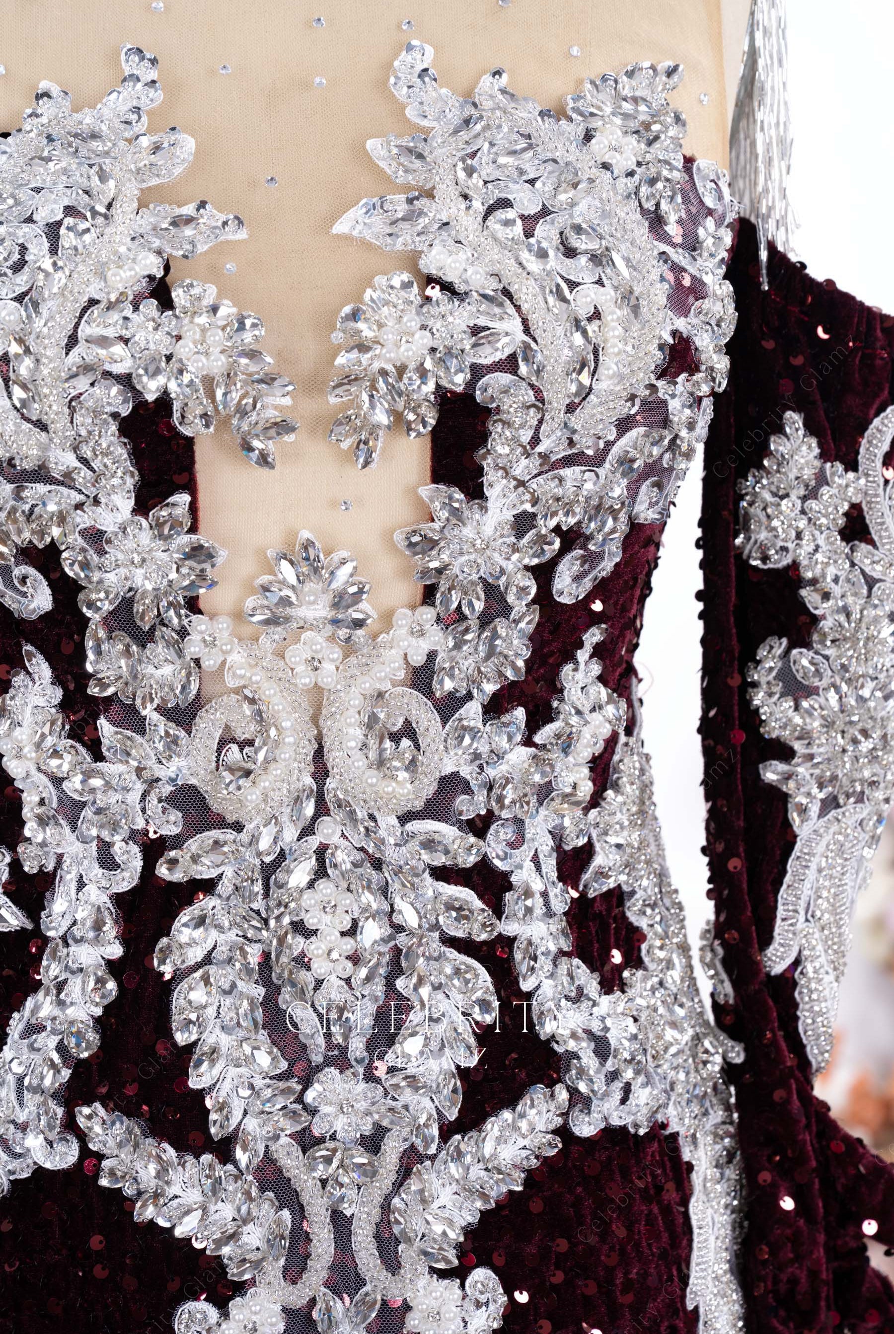 rhinestones burgundy formal dress