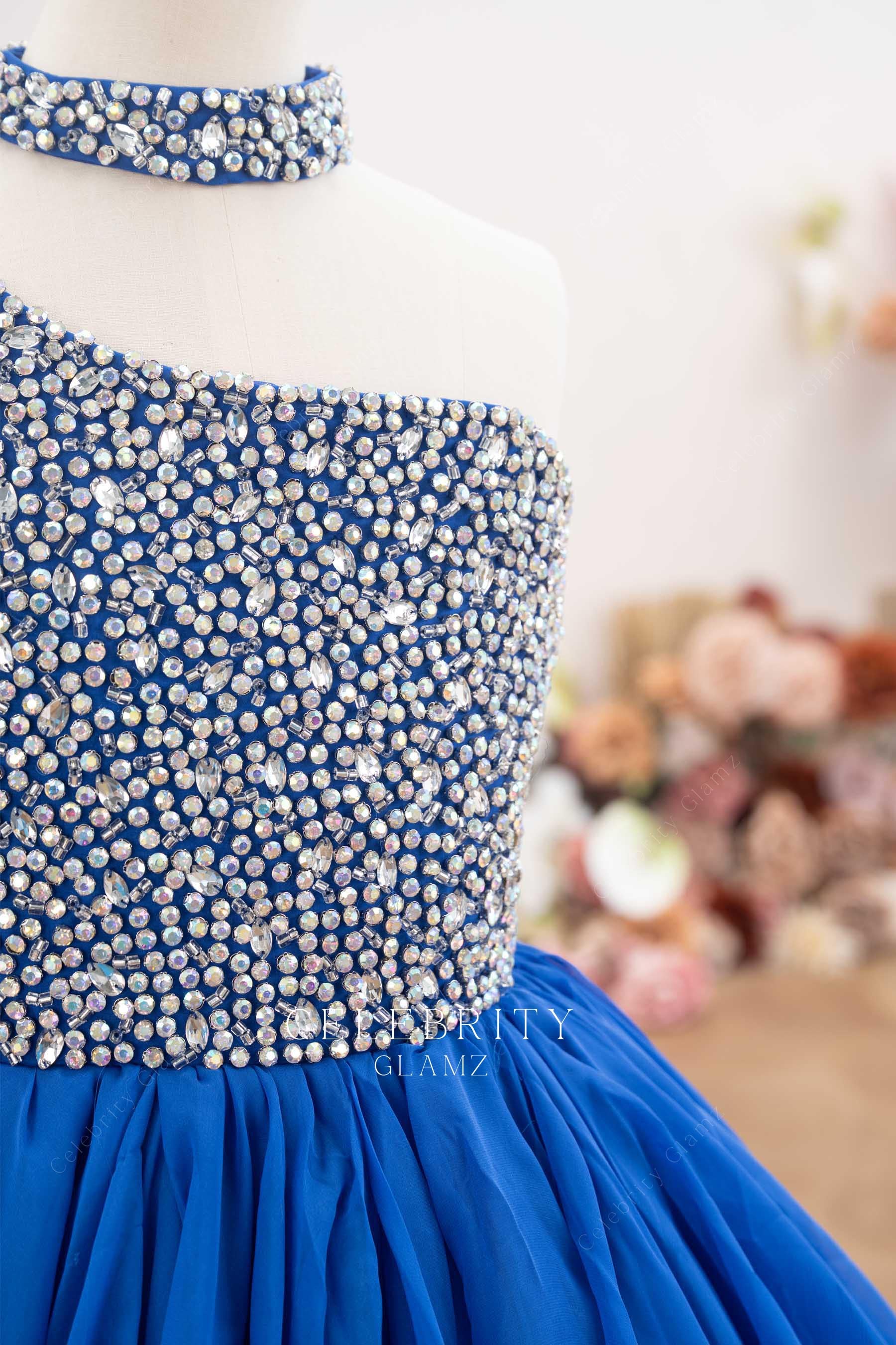 rhinestones choker royal blue pageant dress