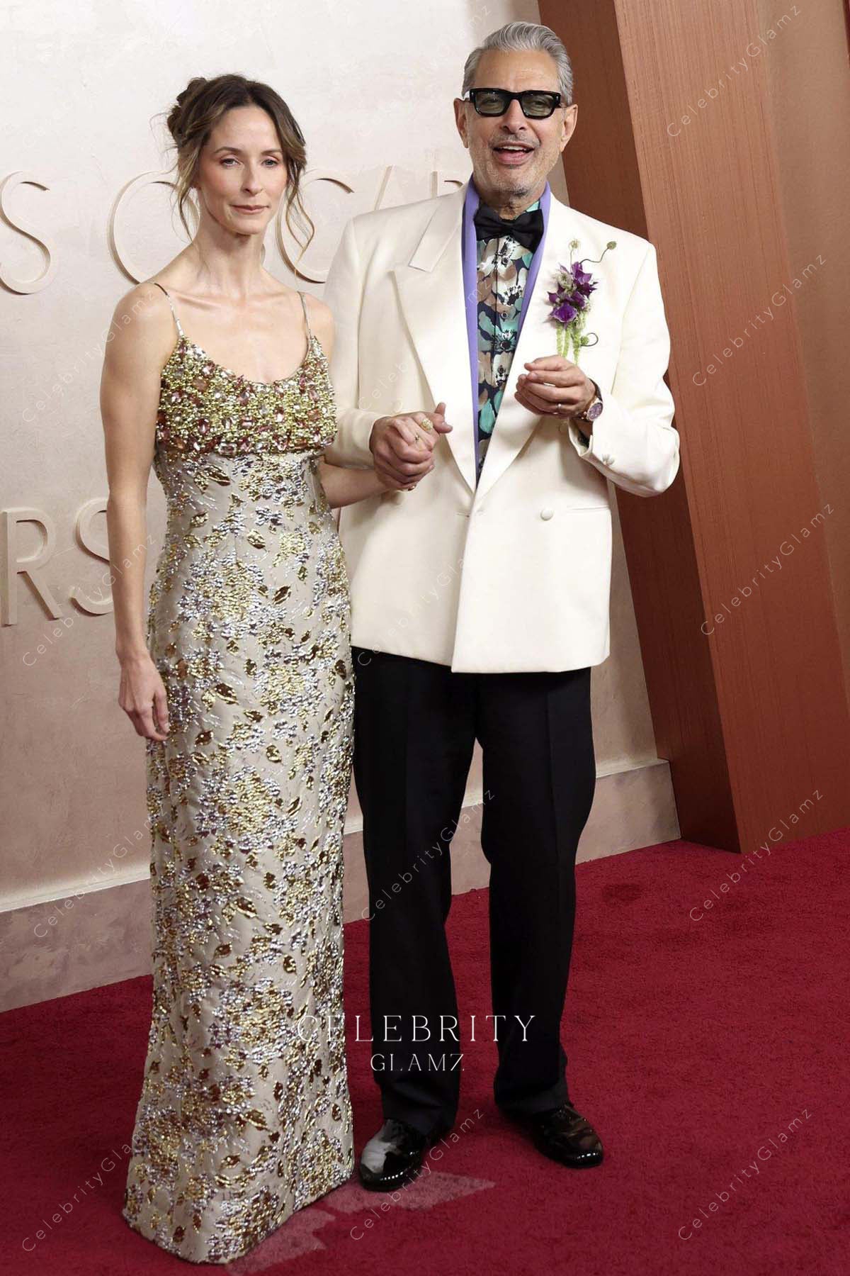 rhinestones Emilie Livingston taupe 2025 Oscars red carpet dress