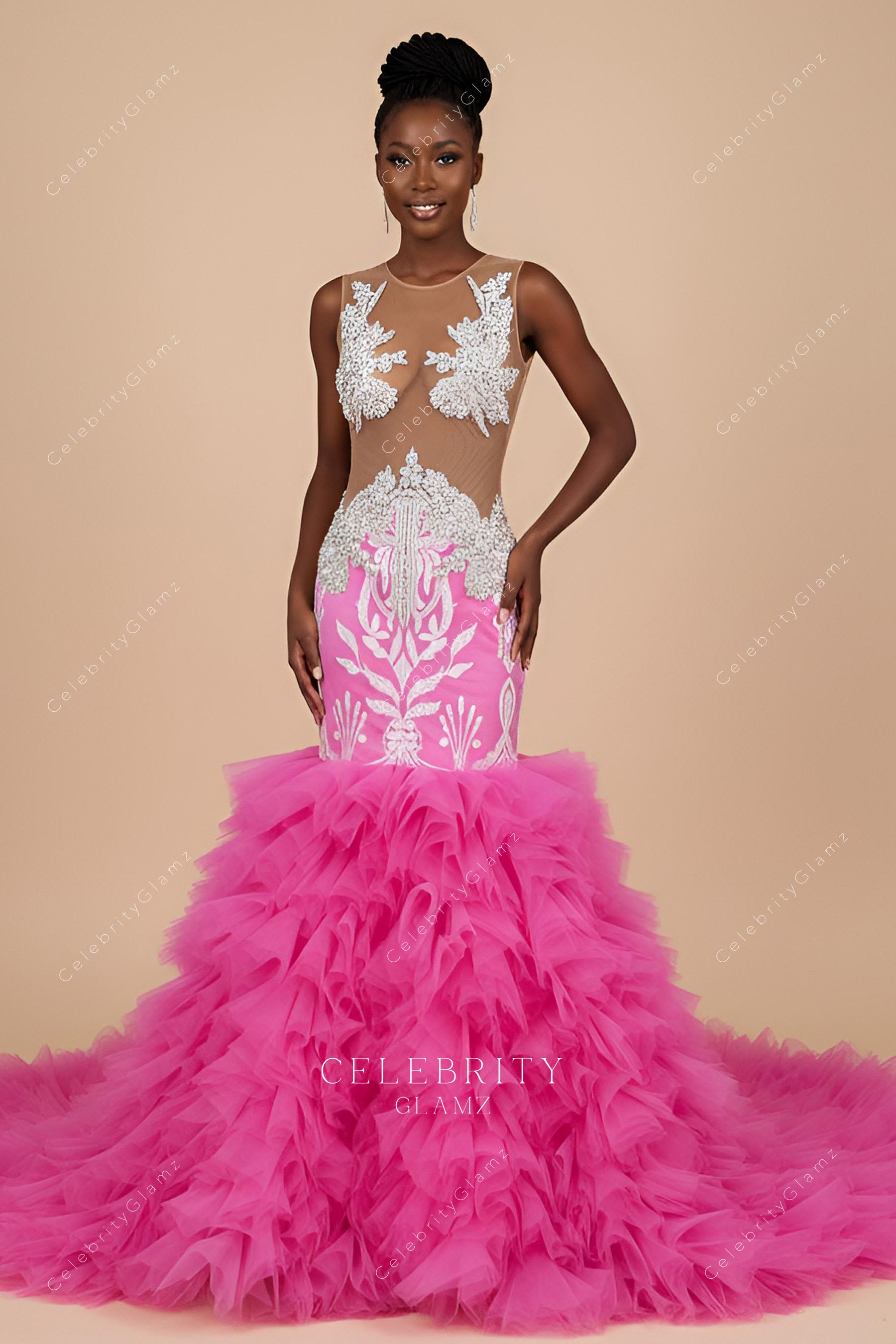 rhinestones fuchsia trumpet formal gown