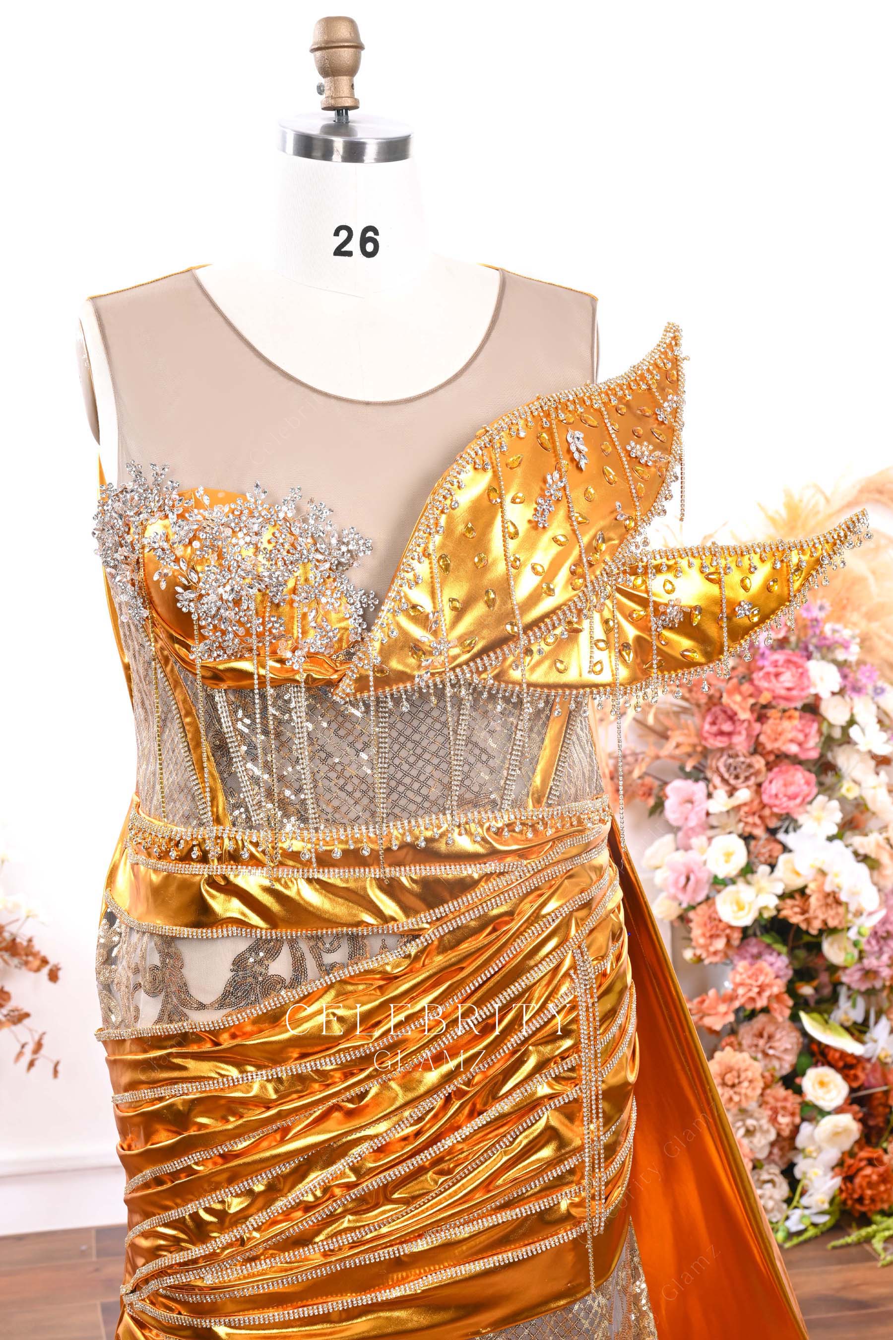 rhinestones gold prom dress