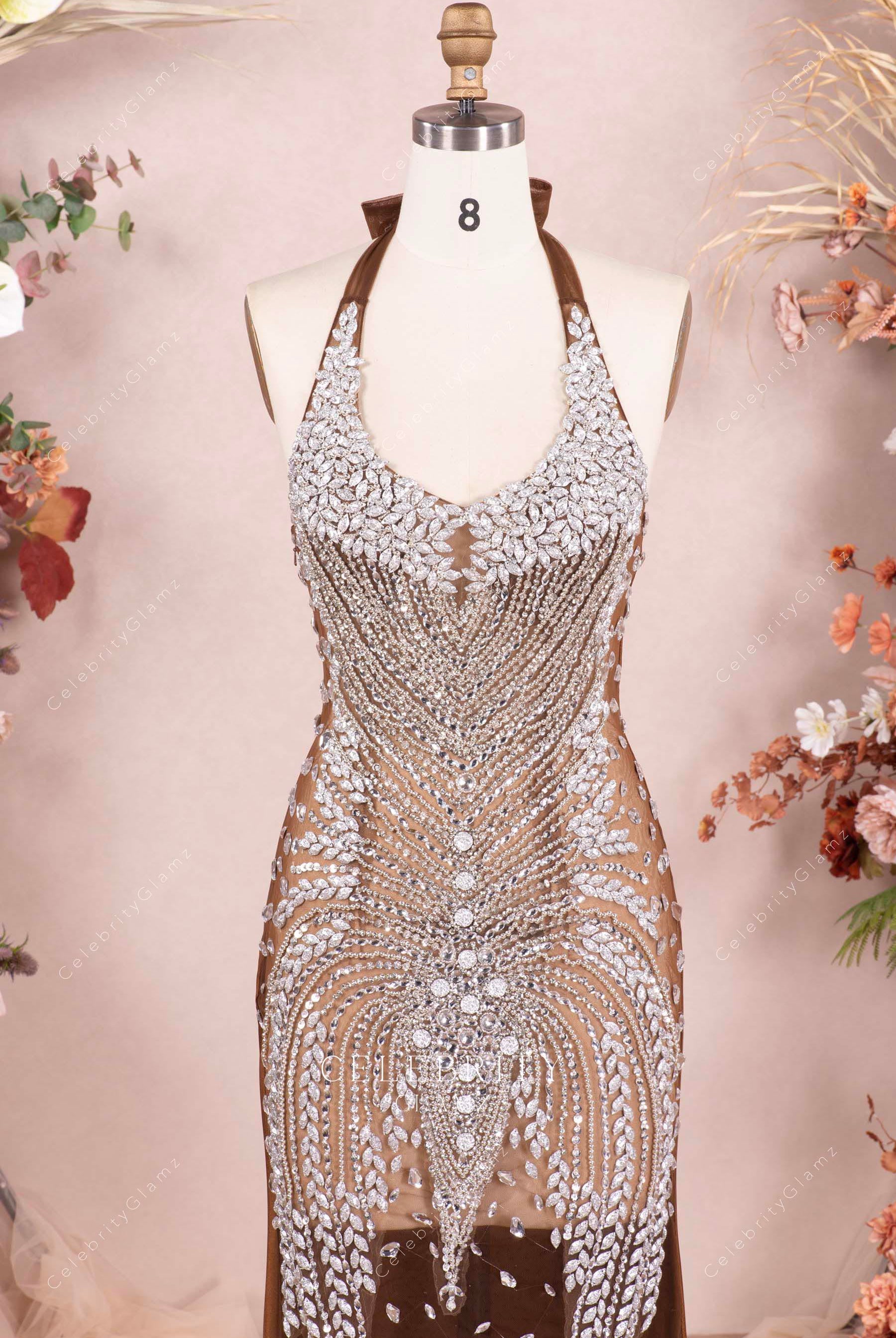 rhinestones halter neck prom dress