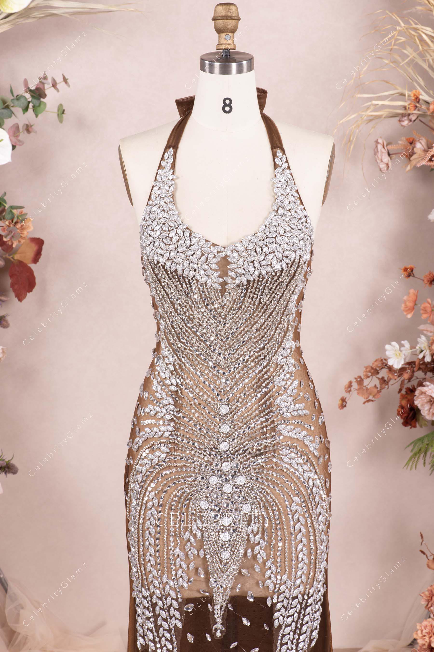 rhinestones halter neck prom dress