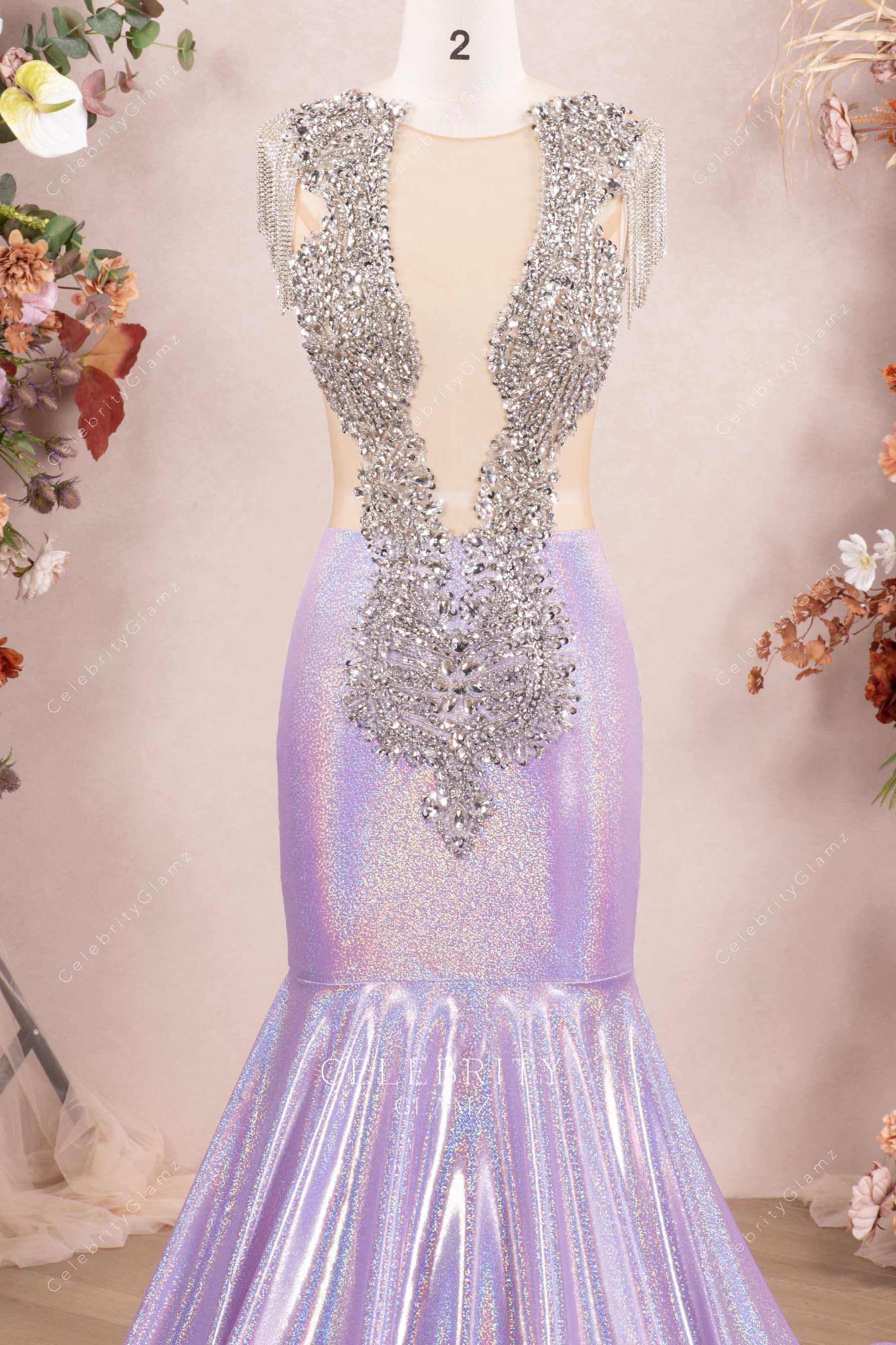 rhinestones illusion neck prom dress