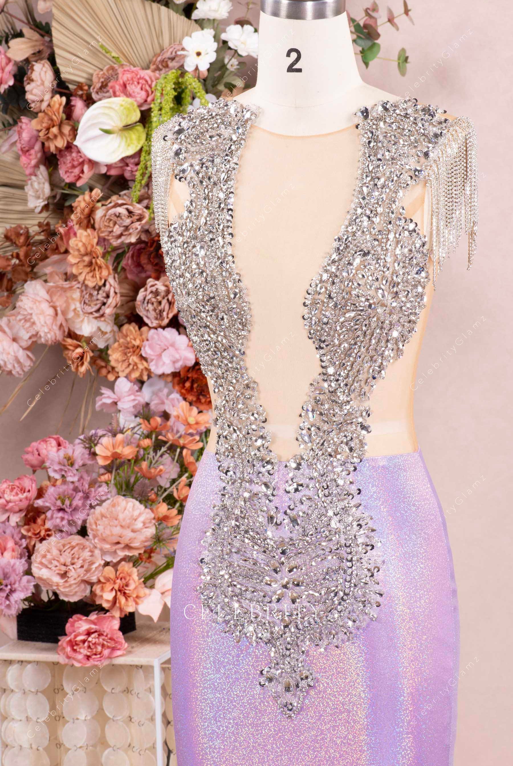 rhinestones illusion plunging neck prom dress