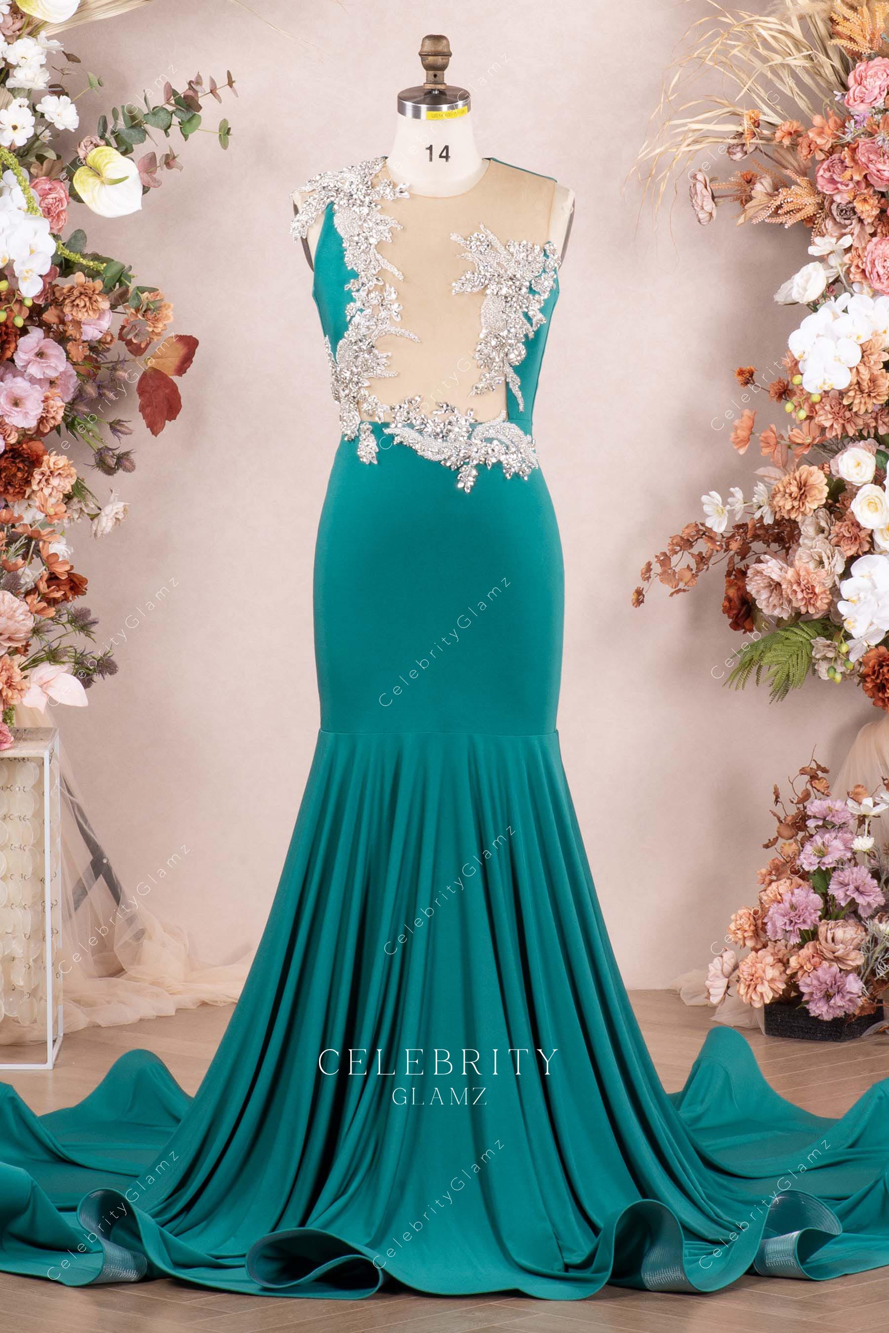 rhinestones jade green trumpet prom dress