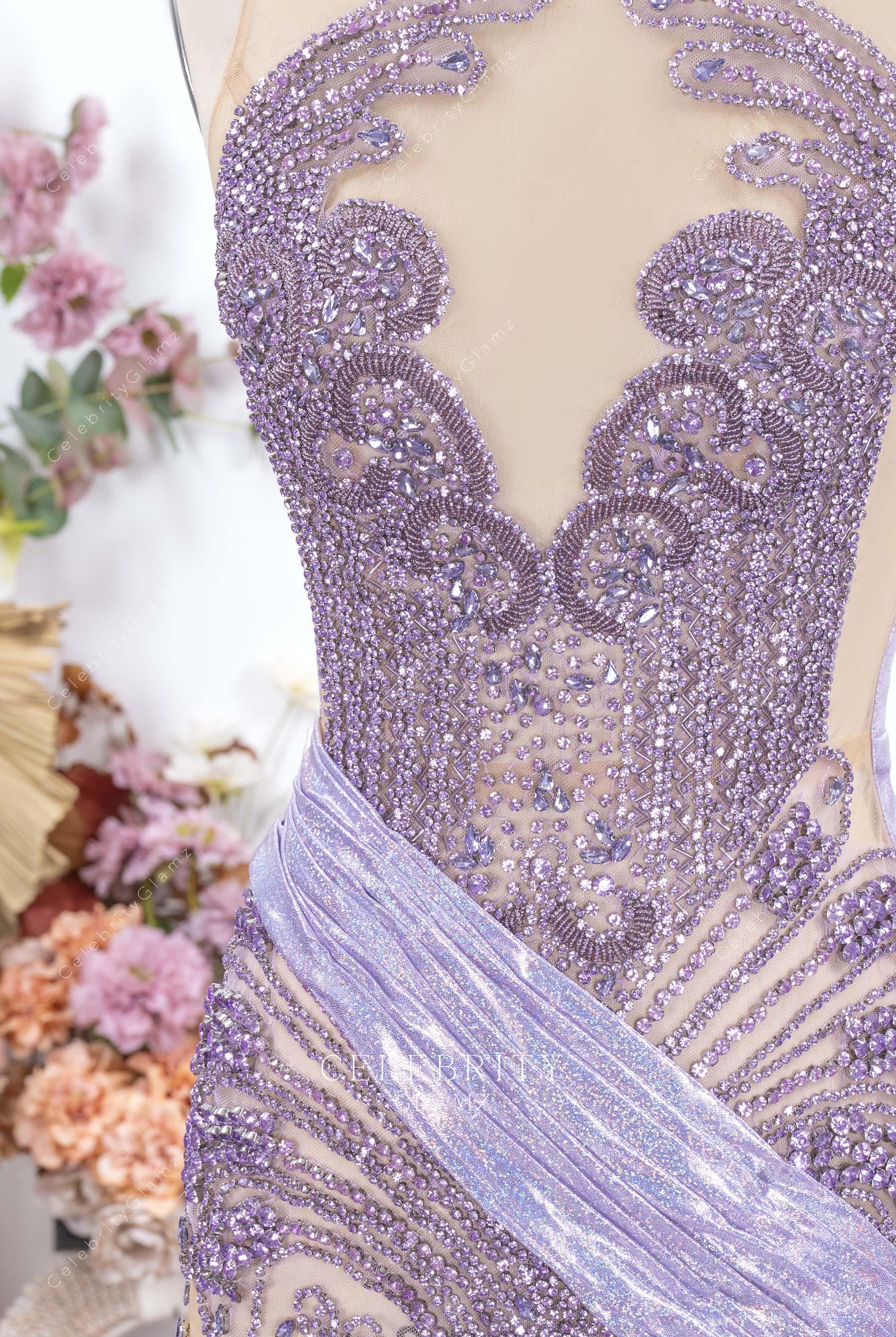 rhinestones lilac trumpet prom dress