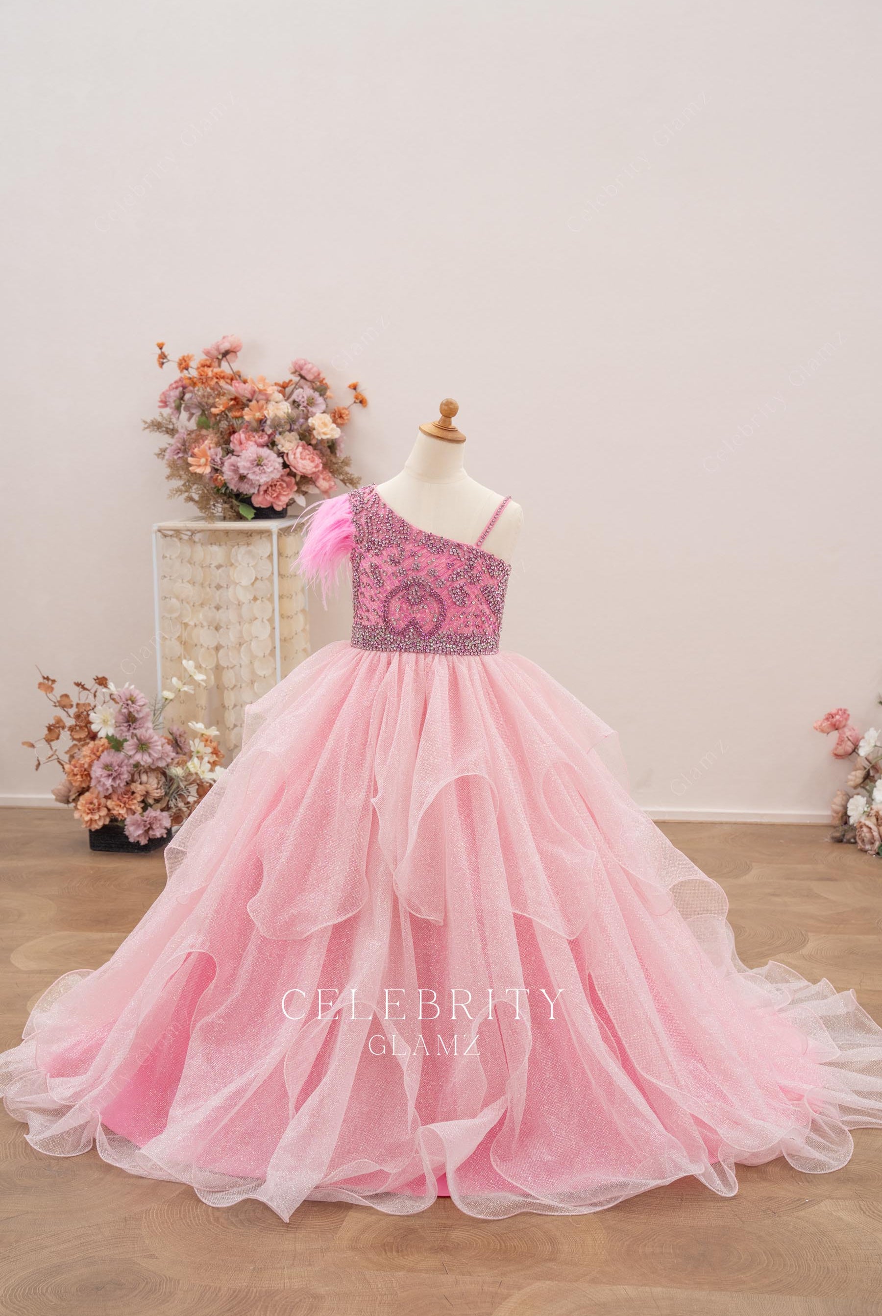 rhinestones pink a line pageant dress