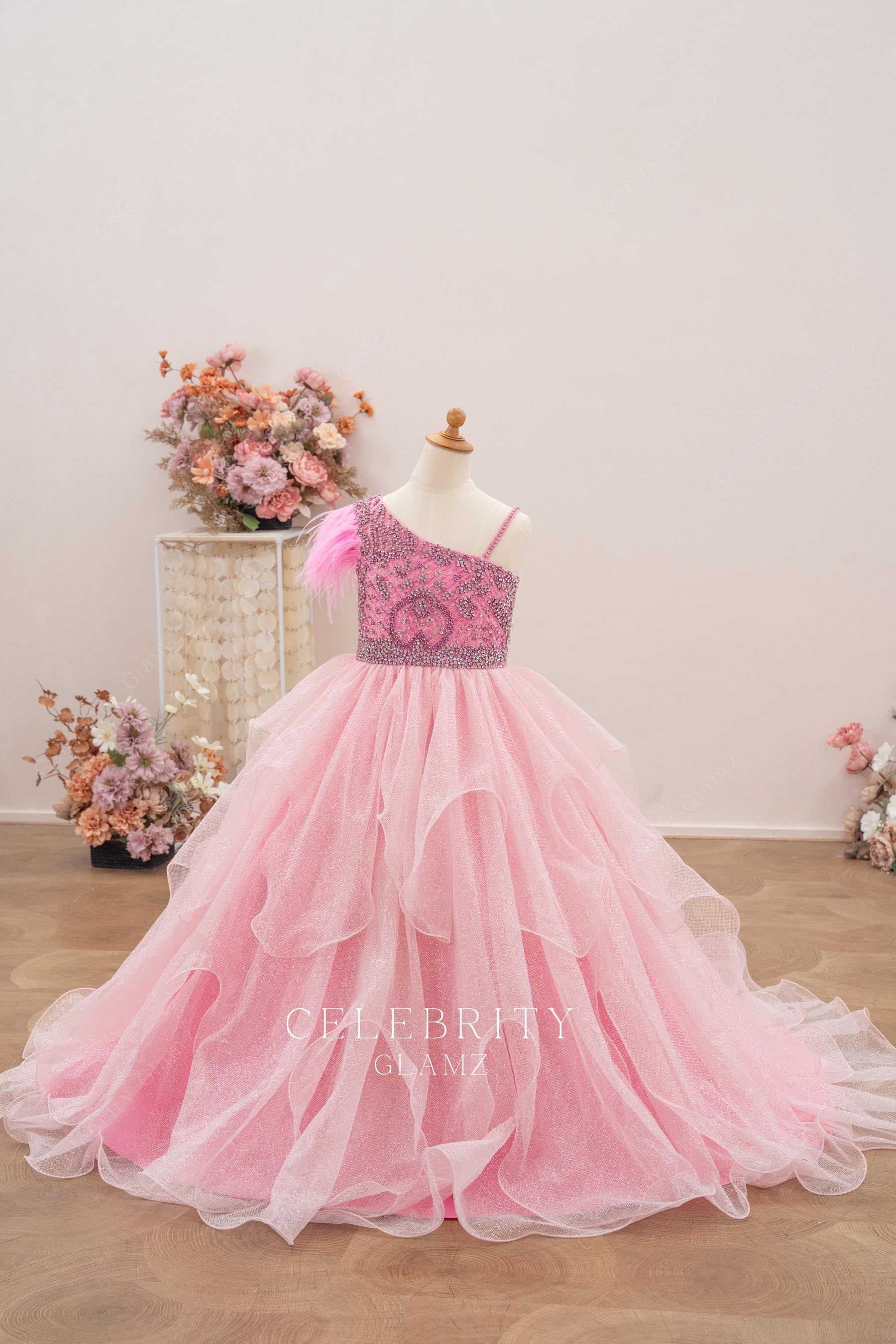 rhinestones pink a line pageant dress