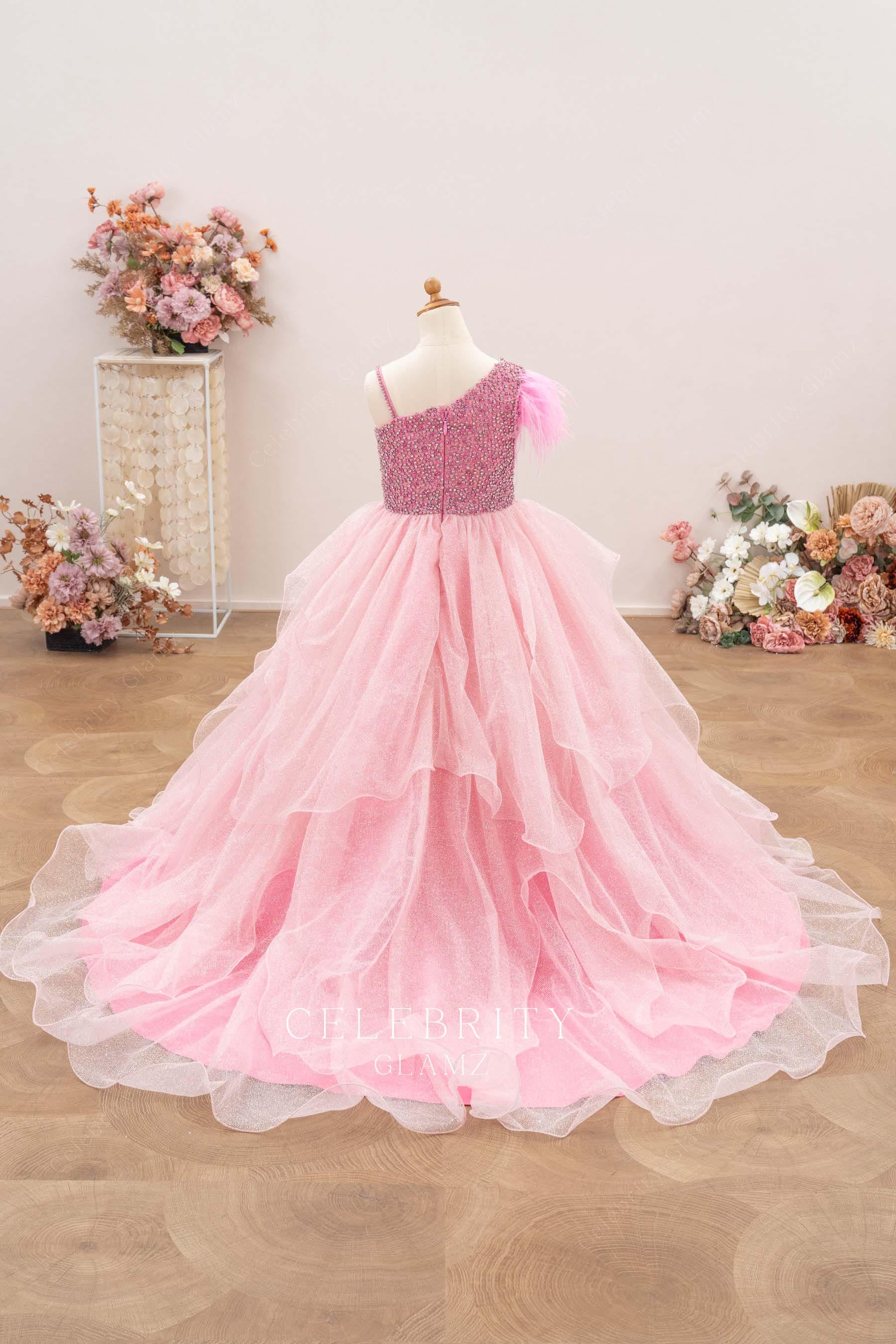 rhinestones pink court train pageant dress
