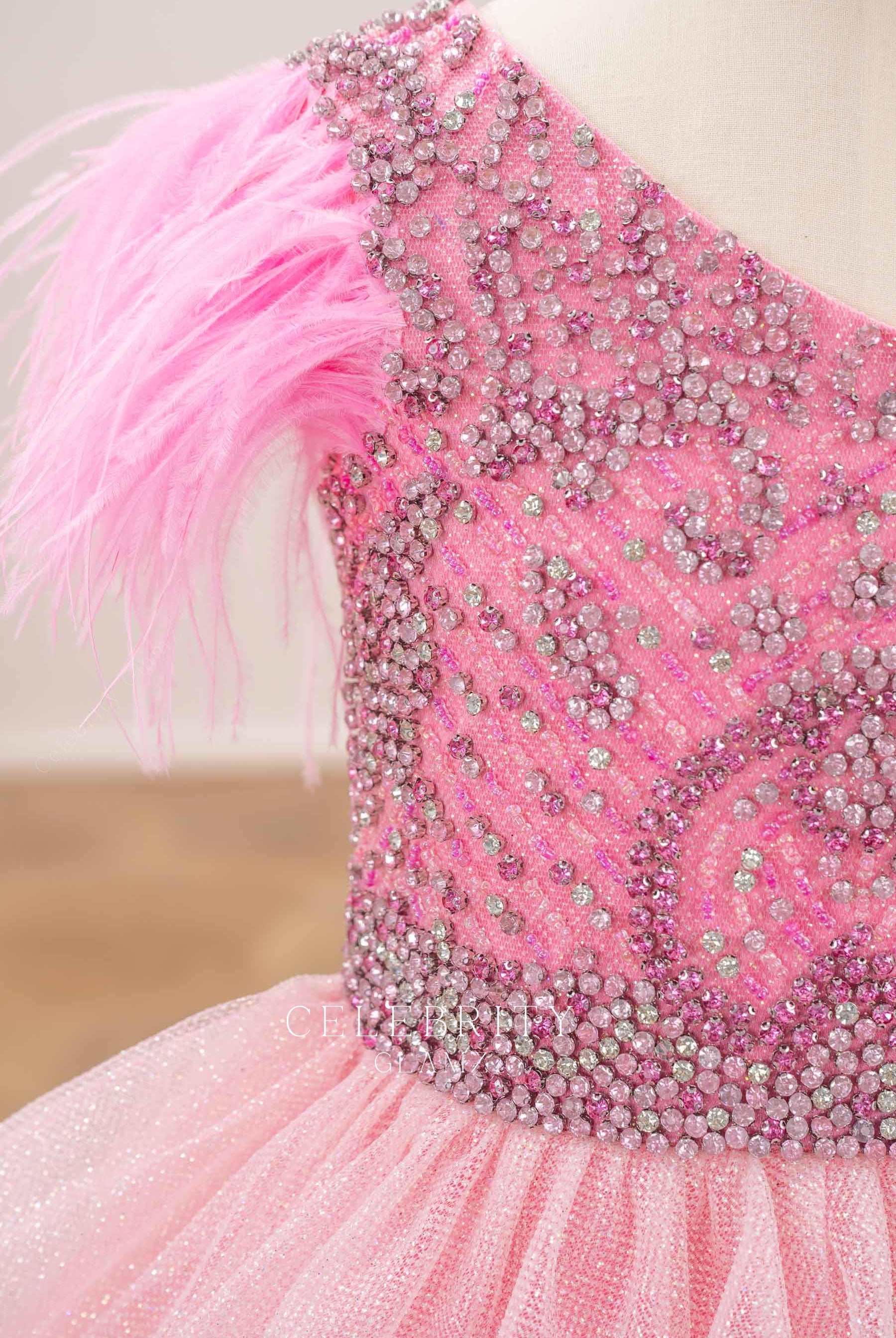 rhinestones pink feathered pageant dress