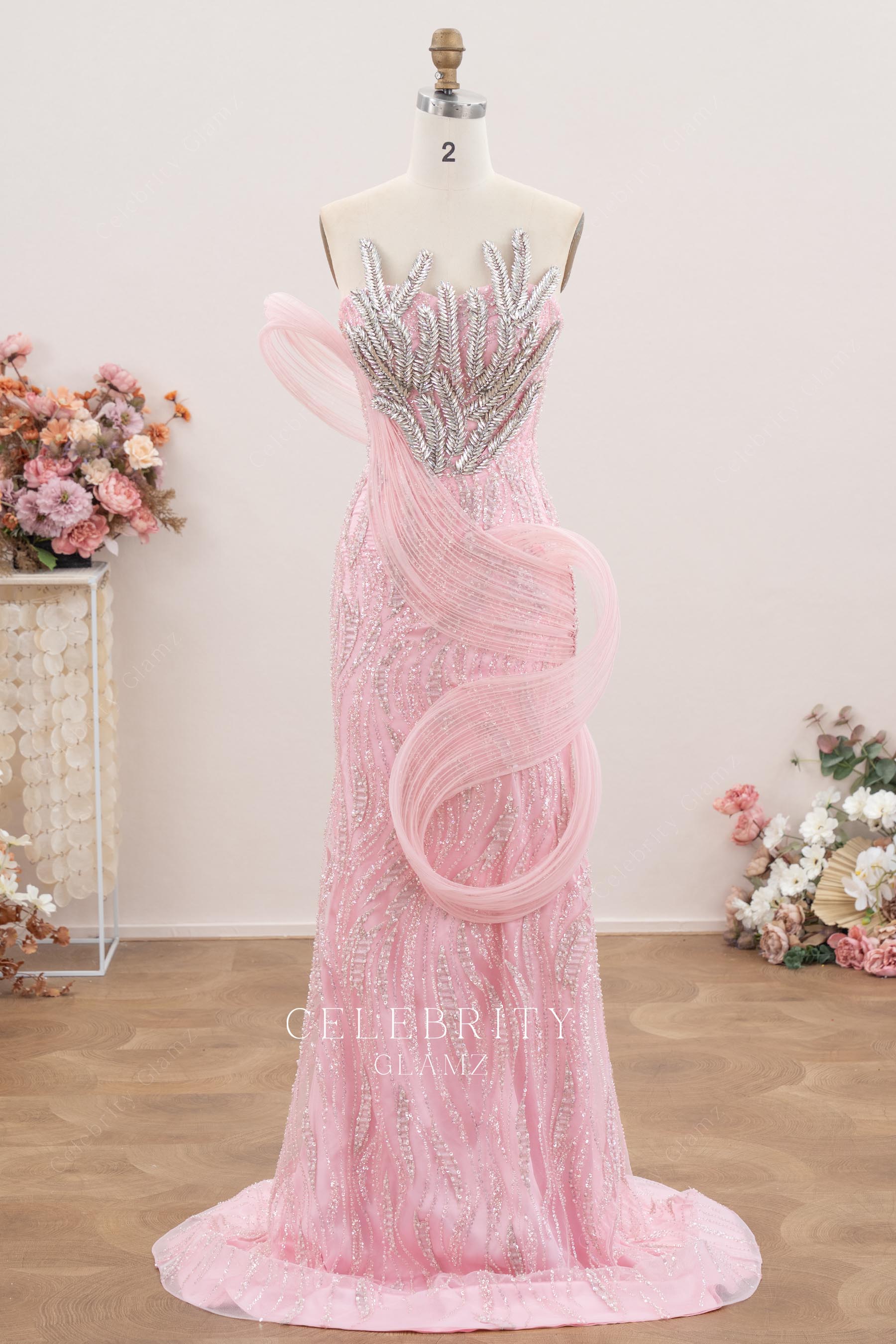 rhinestones pink prom dress