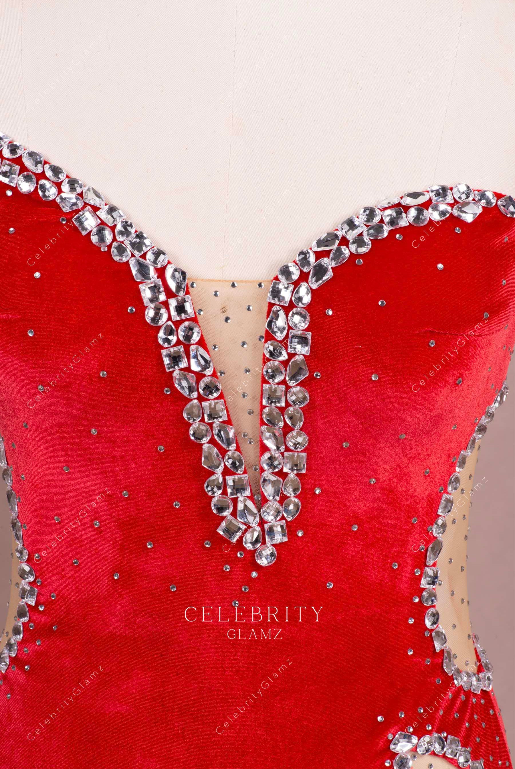 rhinestones red velvet prom dress